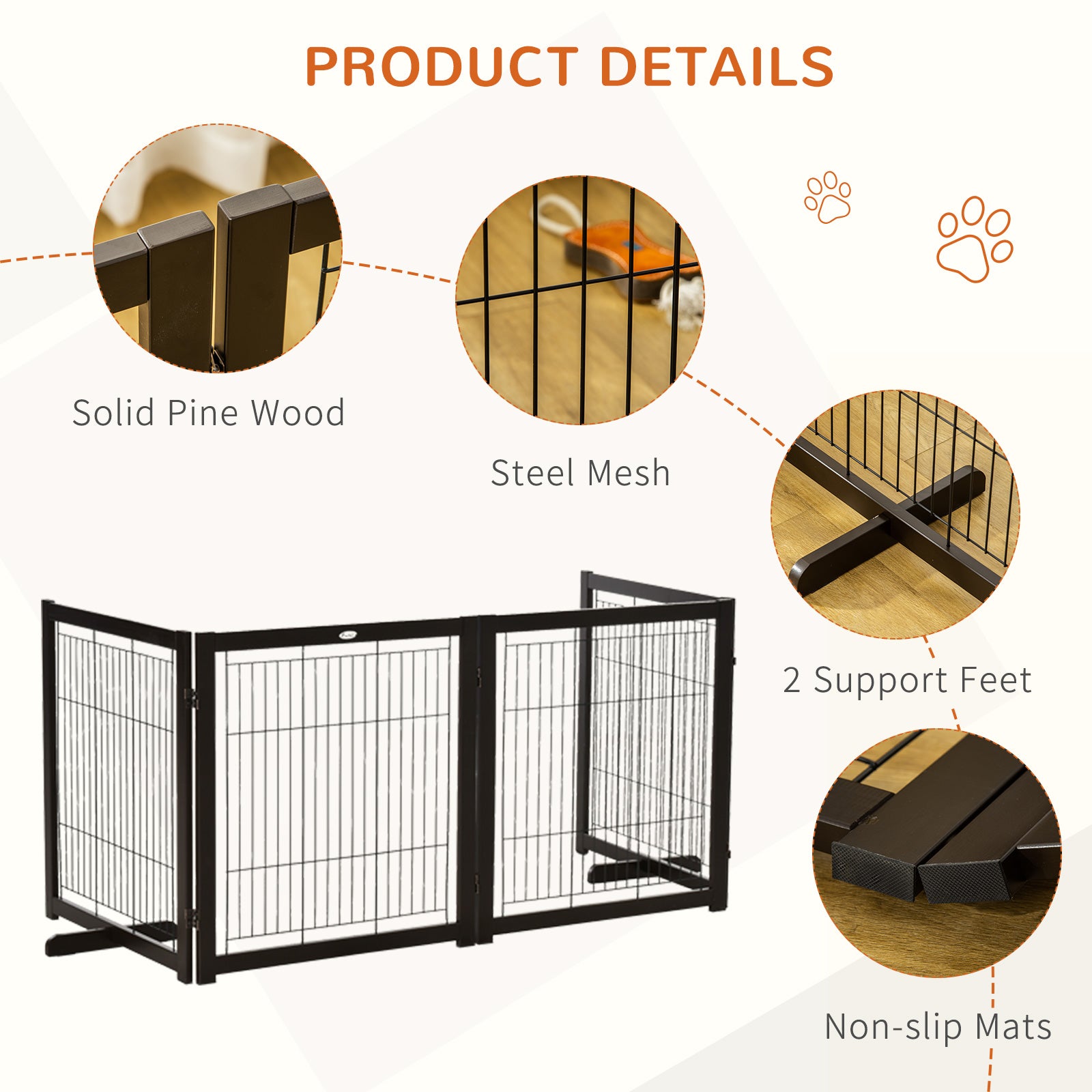 PawHut Wooden Dog Gate Foldable Pet Fence for Small & Medium Dogs 4 Panel with Support Feet Freestanding Safety Barrier for House Doorway Stairs Coffee
