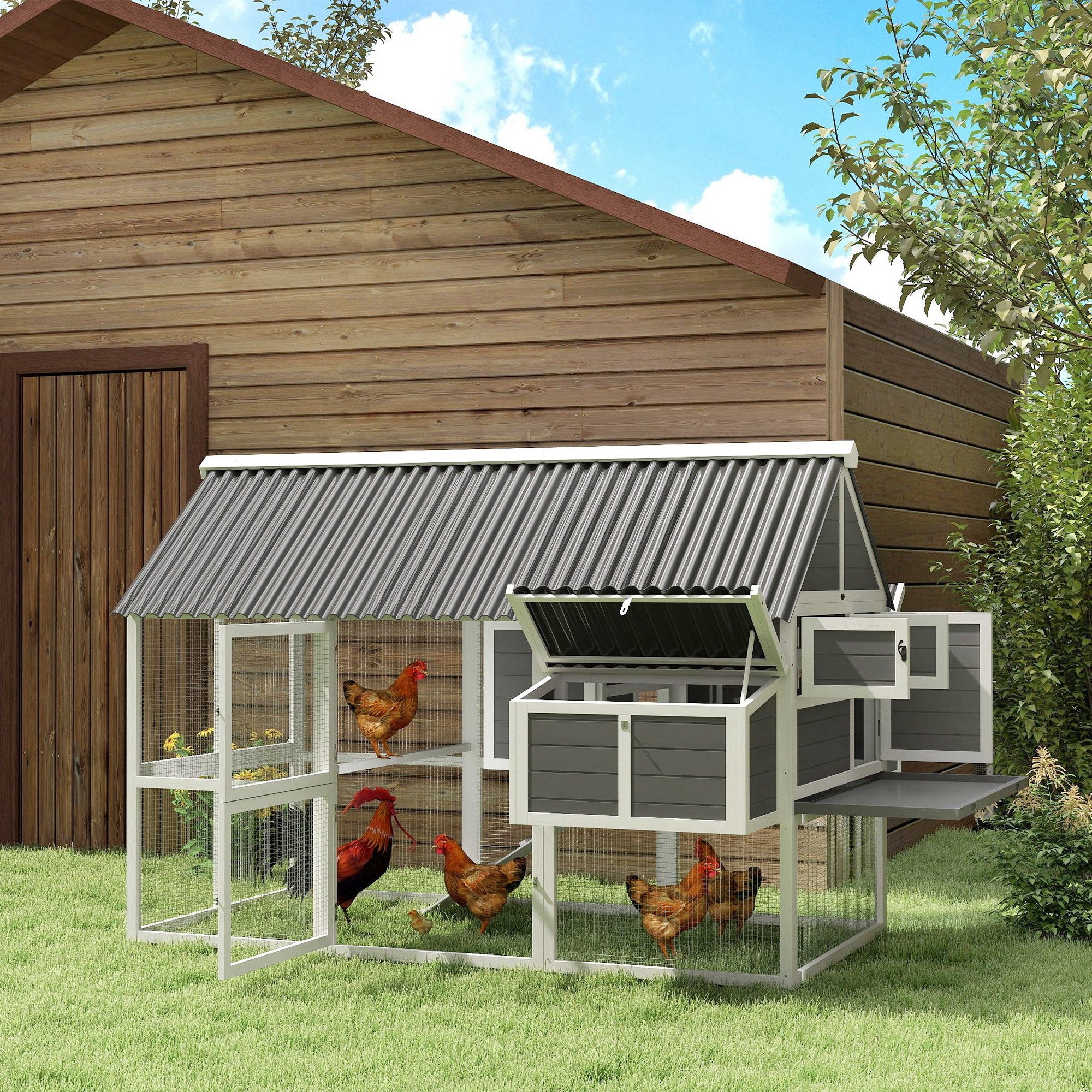 PawHut Chicken Coop with Run, Large Wooden Chicken House with 2 Nesting Boxes, 2 Roosting Bars, Ramp & Tray, Hen House Poultry Cage for 6-8 Chickens, 69" W x 84" x 59"