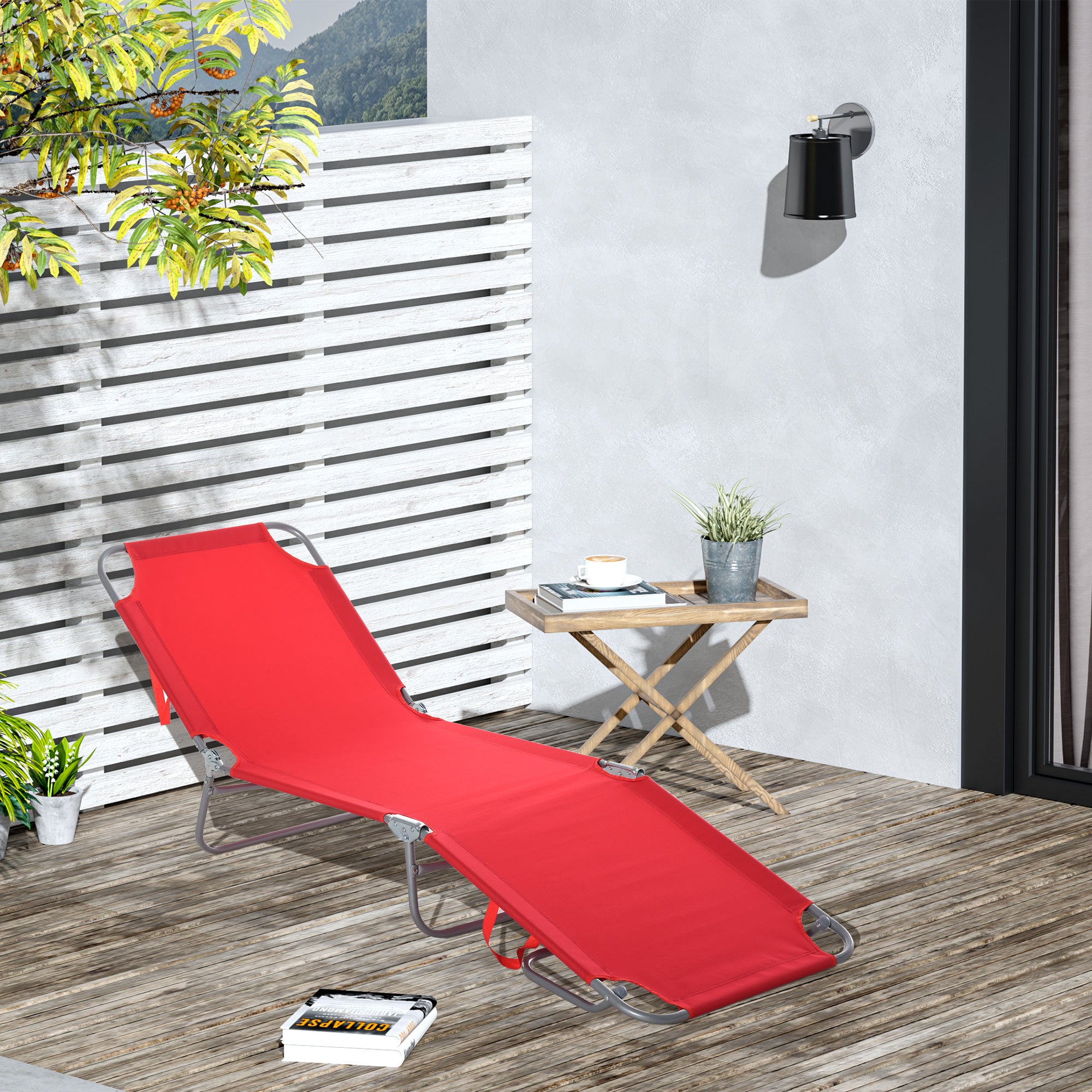 Outsunny Folding Outdoor Lounge Chair, Portable Reclining Beach Lounger with Breathable Mesh Fabric, Sun Lounge Bed Camping Cot for Patio, Garden, Poolside, Red