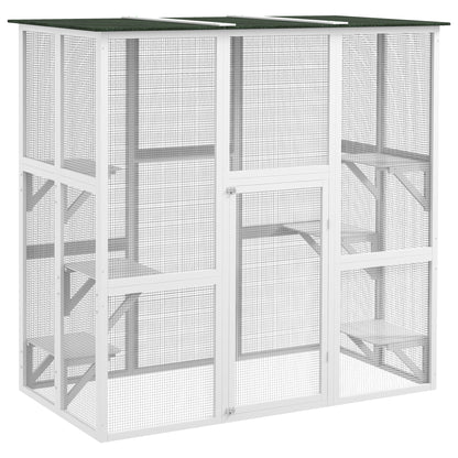 PawHut Outdoor Cat House Big Catio Wooden Feral Cat Shelter Enclosure with Large Spacious Interior, 6 High Ledges, Weather Protection Asphalt Roof, 71" L, White