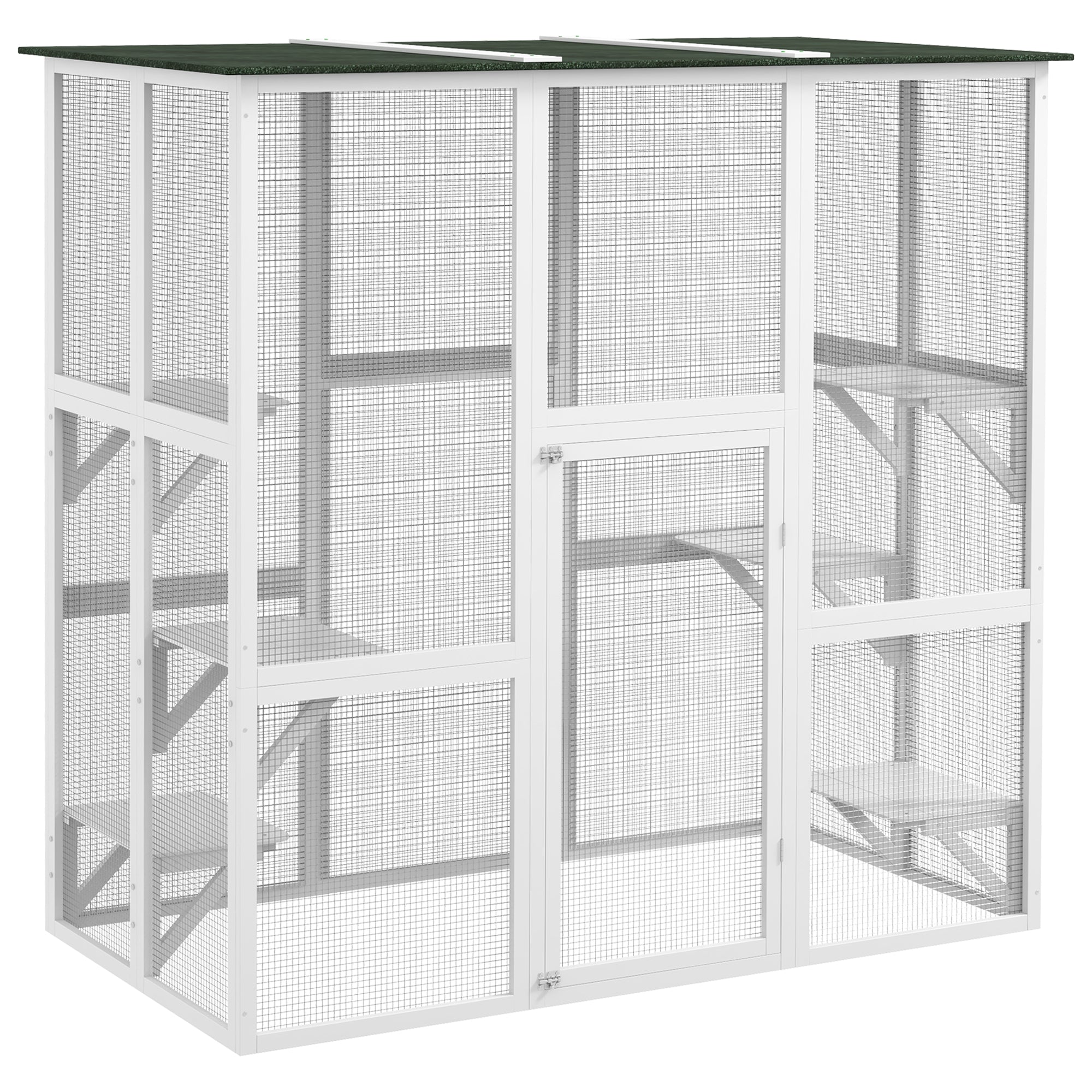 PawHut Large Outdoor Catio Enclosure, Weatherproof Cat House with Asphalt Roof,  Wooden Cat Patio Cage with 6 Balanced Platforms, 71" x 39" x 71", White