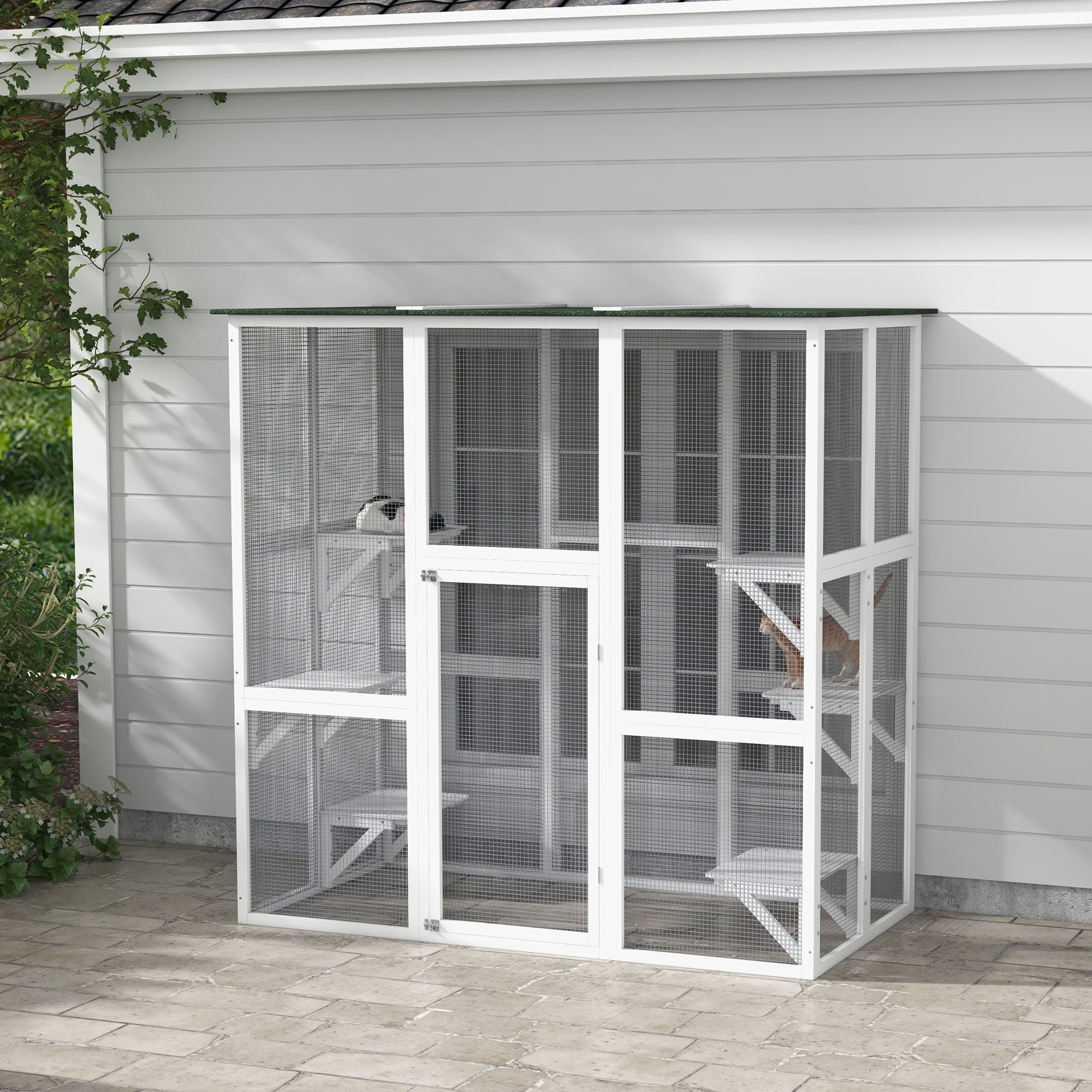 PawHut Outdoor Cat House Big Catio Wooden Feral Cat Shelter Enclosure with Large Spacious Interior, 6 High Ledges, Weather Protection Asphalt Roof, 71" L, White