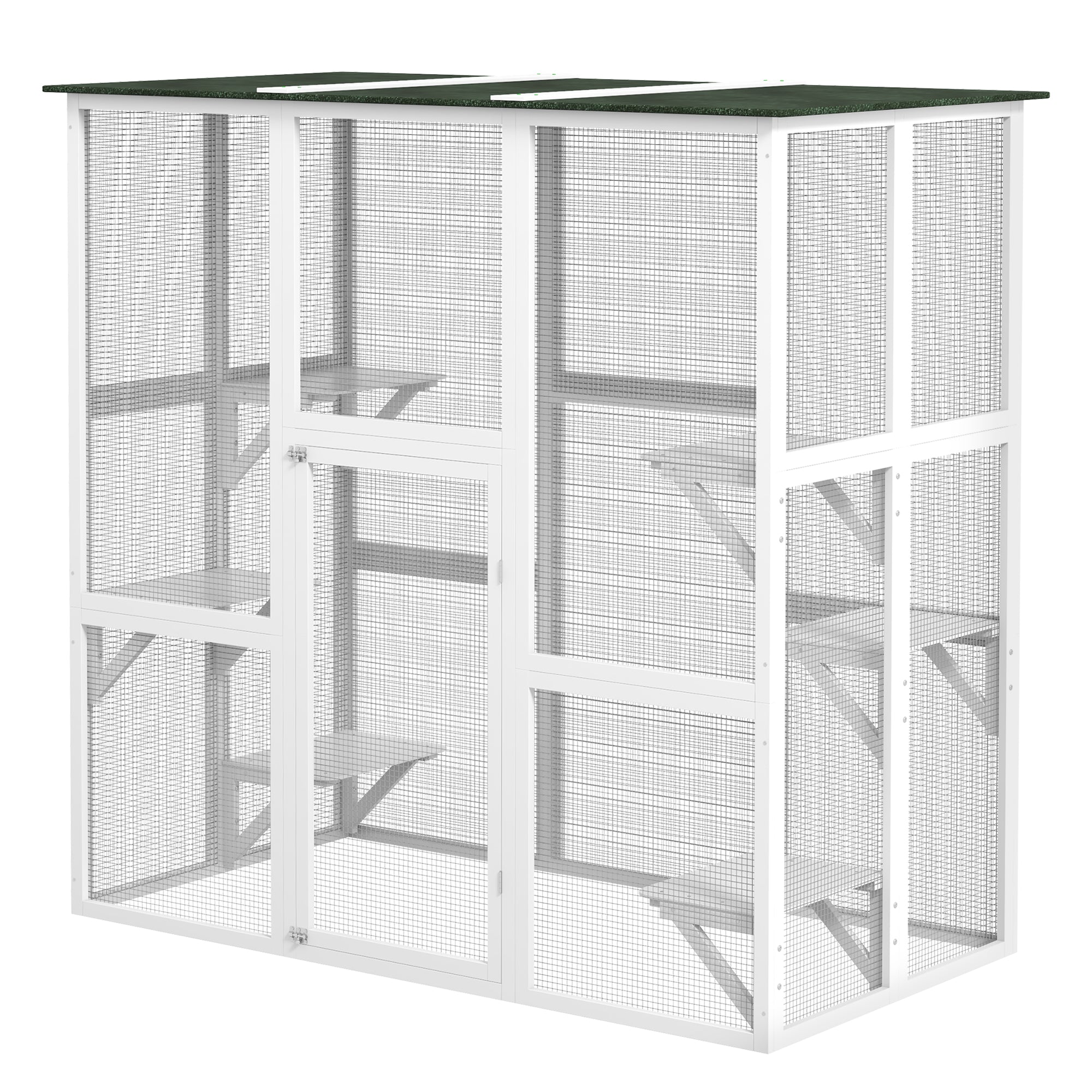PawHut Large Outdoor Catio Enclosure, Weatherproof Cat House with Asphalt Roof,  Wooden Cat Patio Cage with 6 Balanced Platforms, 71" x 39" x 71", White