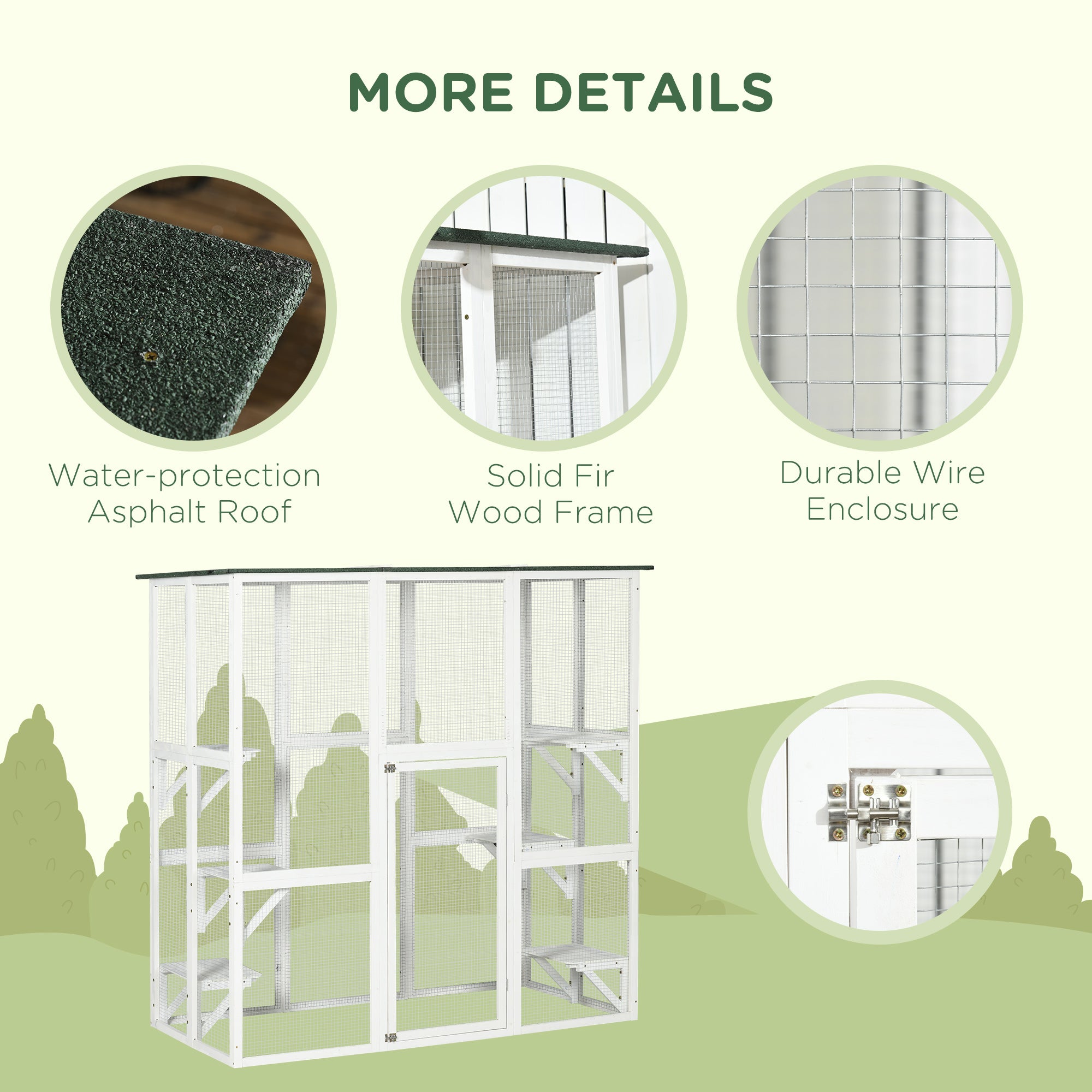 PawHut Outdoor Cat House Big Catio Wooden Feral Cat Shelter Enclosure with Large Spacious Interior, 6 High Ledges, Weather Protection Asphalt Roof, 71" L, White