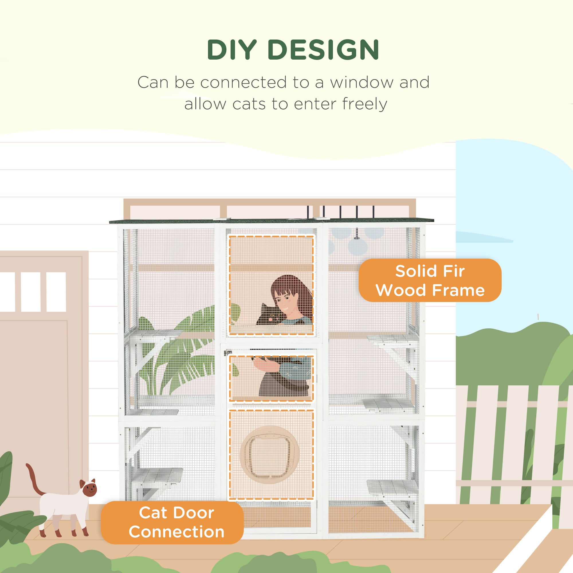 PawHut Large Outdoor Catio Enclosure, Weatherproof Cat House with Asphalt Roof,  Wooden Cat Patio Cage with 6 Balanced Platforms, 71