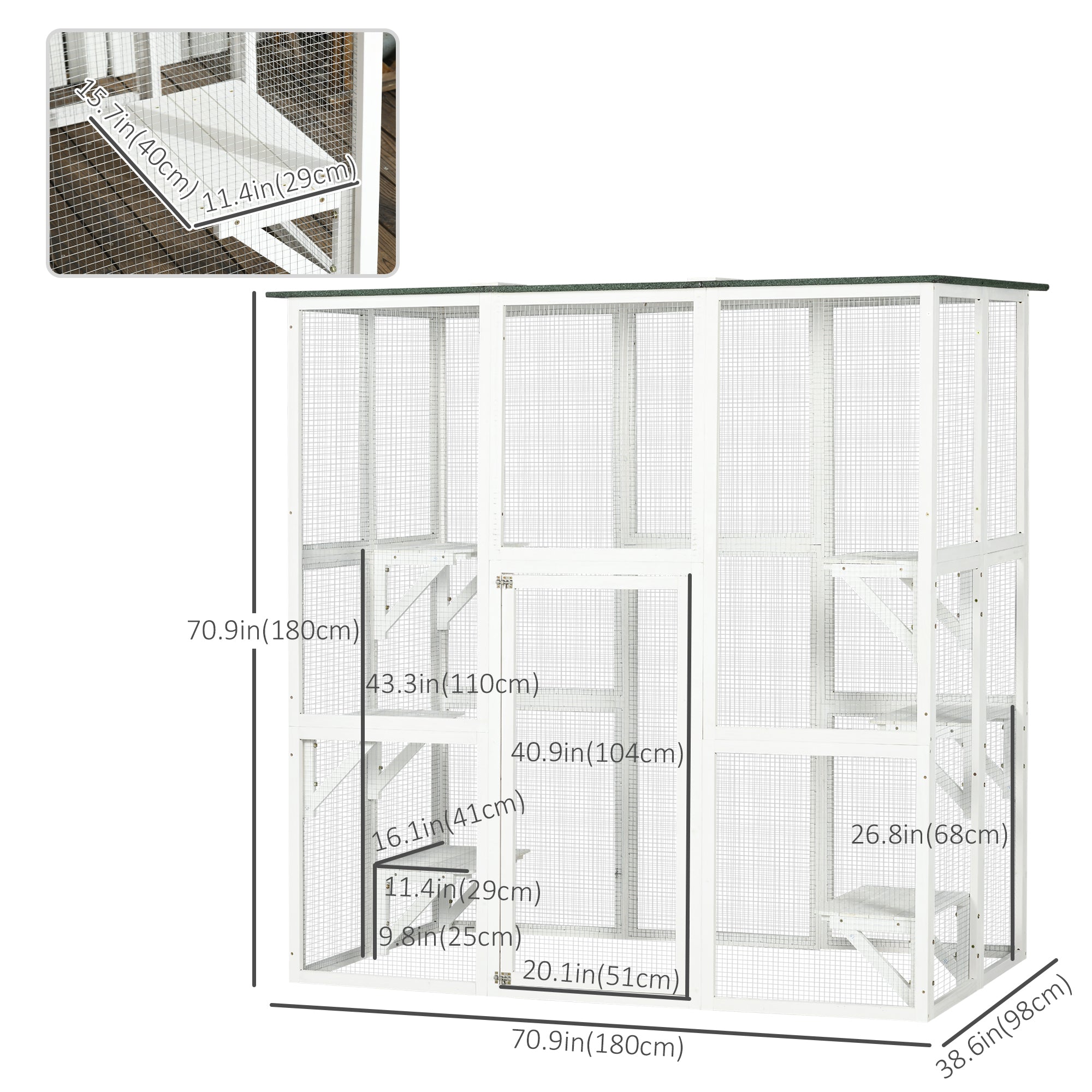 PawHut Large Outdoor Catio Enclosure, Weatherproof Cat House with Asphalt Roof,  Wooden Cat Patio Cage with 6 Balanced Platforms, 71