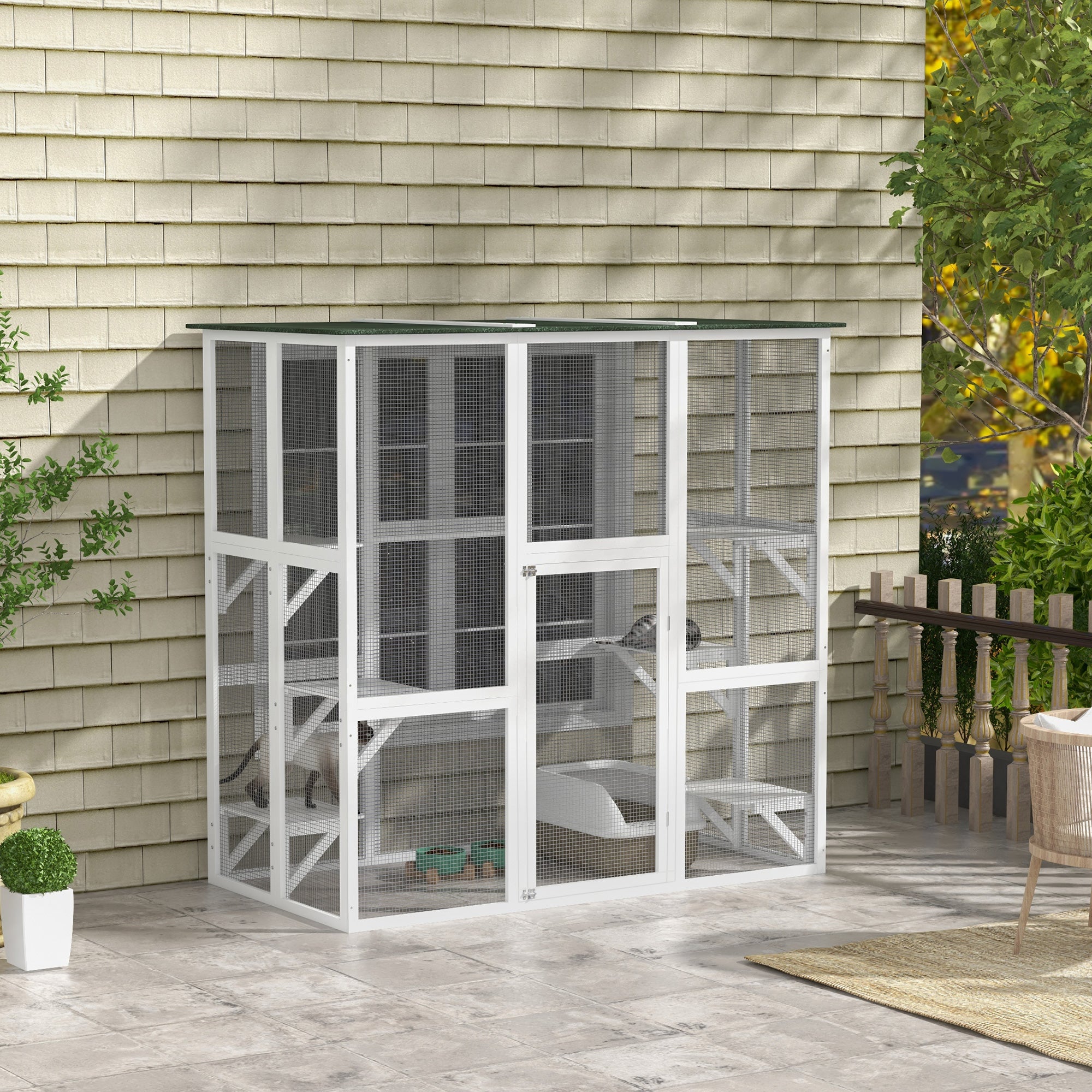 PawHut Outdoor Cat House Big Catio Wooden Feral Cat Shelter Enclosure with Large Spacious Interior, 6 High Ledges, Weather Protection Asphalt Roof, 71" L, White