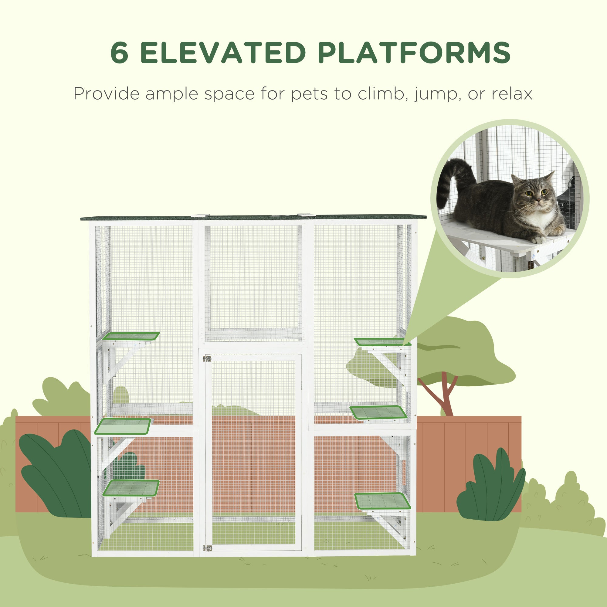 PawHut Large Outdoor Catio Enclosure, Weatherproof Cat House with Asphalt Roof,  Wooden Cat Patio Cage with 6 Balanced Platforms, 71