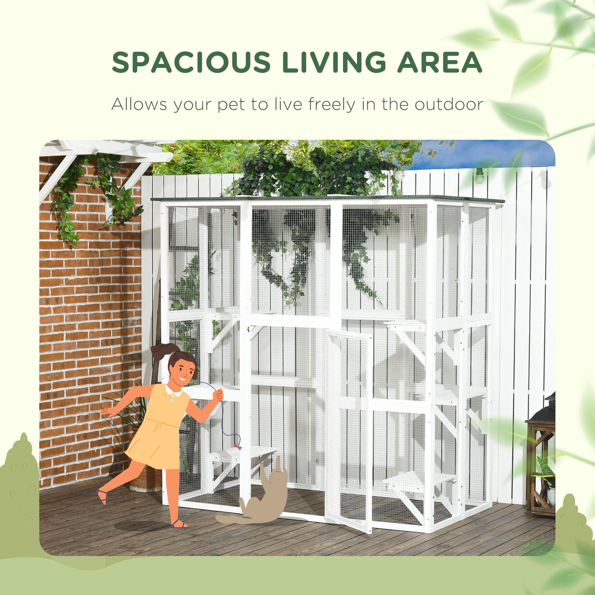 PawHut Large Outdoor Catio Enclosure, Weatherproof Cat House with Asphalt Roof,  Wooden Cat Patio Cage with 6 Balanced Platforms, 71