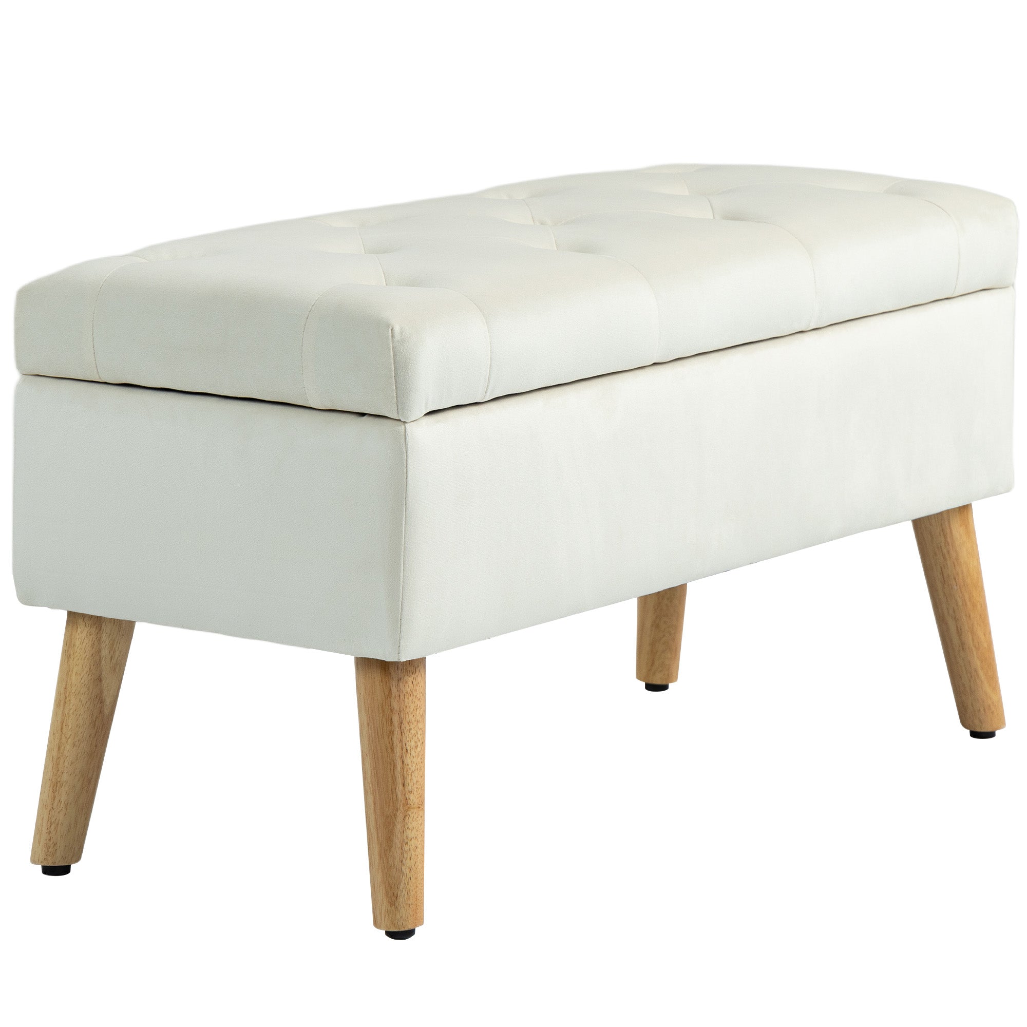 HOMCOM Storage Ottoman with Lid, Velvet Upholstered Storage Bench, Foot Stool with Wood Legs for Living Room, Bedroom, Entryway, 31.5" x 13.8" x 15.7", Cream White