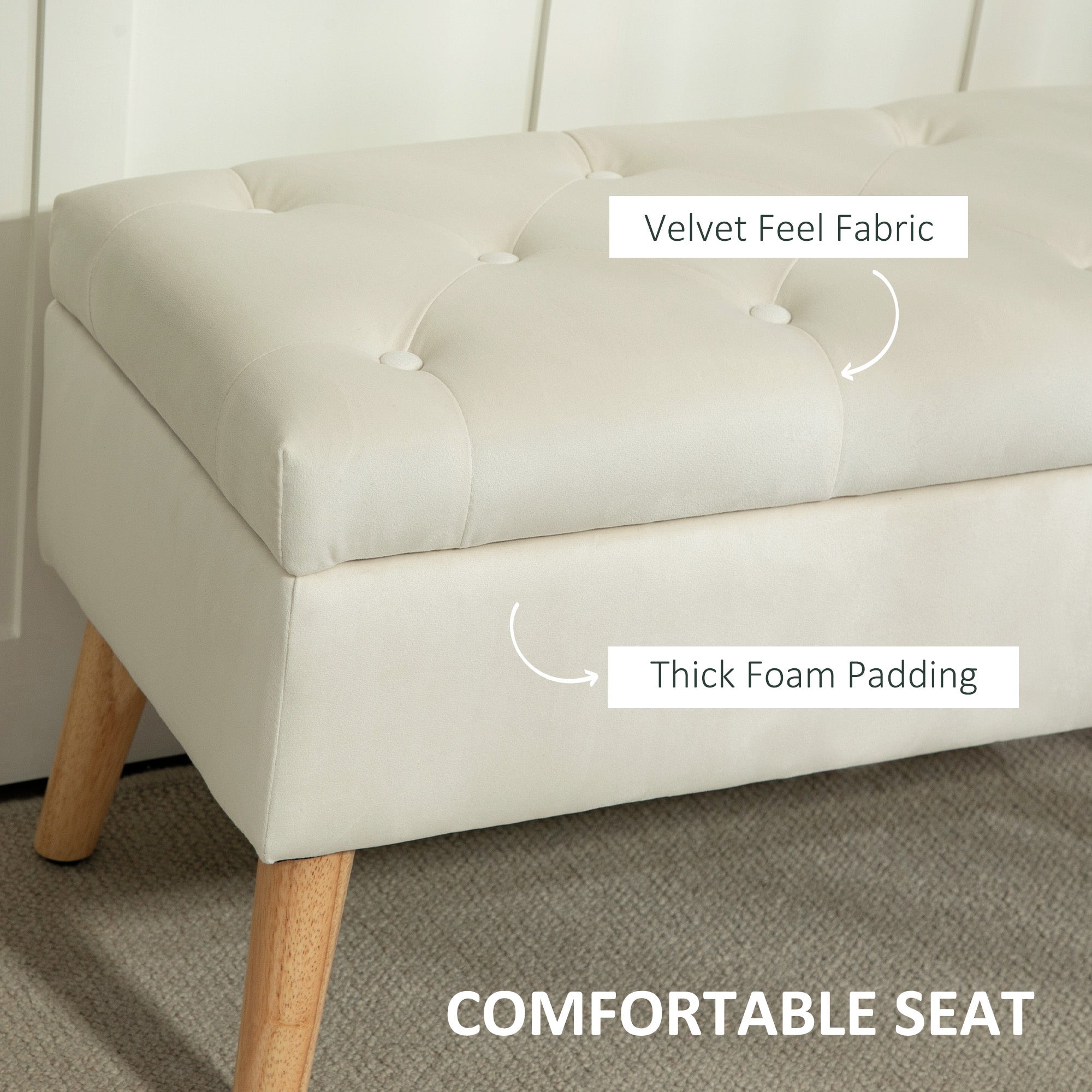 HOMCOM Storage Ottoman with Lid, Velvet Upholstered Storage Bench, Foot Stool with Wood Legs for Living Room, Bedroom, Entryway, 31.5