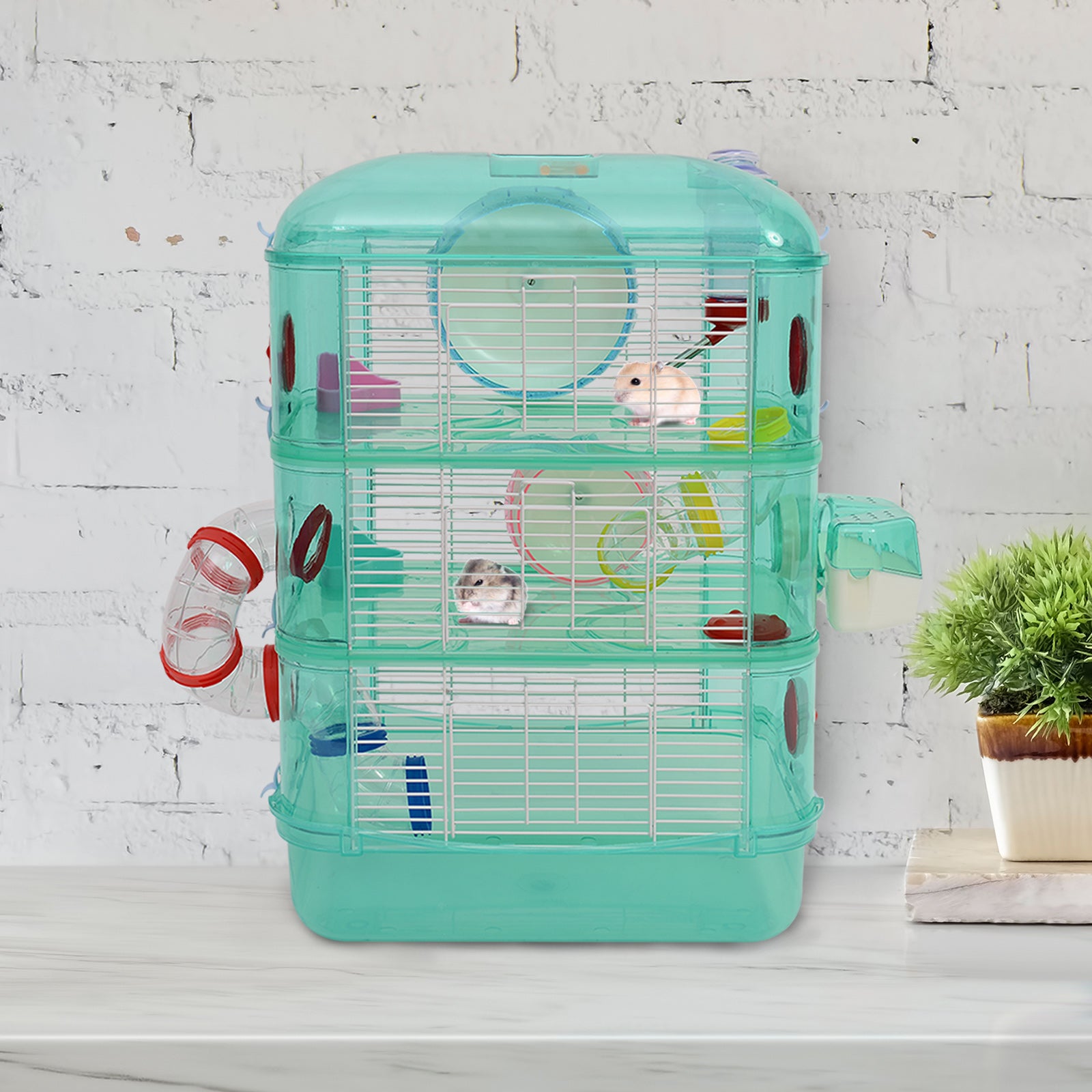 PawHut 3 Storey Hamster Cage Small Pet Animal Cage w/ Exercise Wheel Food Water Bowl Multi Activity Exercise Centre Green
