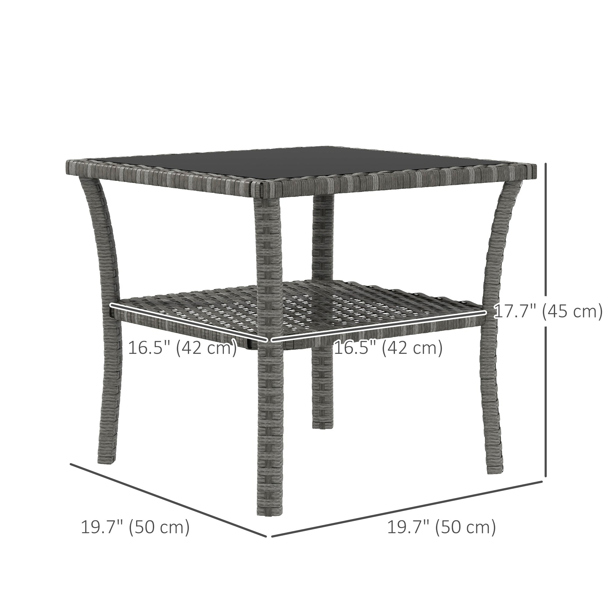 Outsunny 20" Patio Wicker Coffee Table, Outdoor PE Rattan Two-tier Side Table with Glass Top, for Patio, Garden, Balcony, Mixed Grey