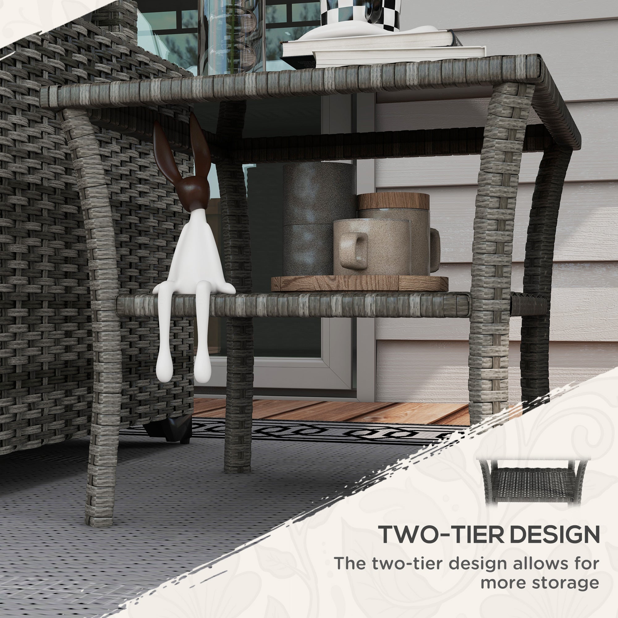 Outsunny 20" Patio Wicker Coffee Table, Outdoor PE Rattan Two-tier Side Table with Glass Top, for Patio, Garden, Balcony, Mixed Grey