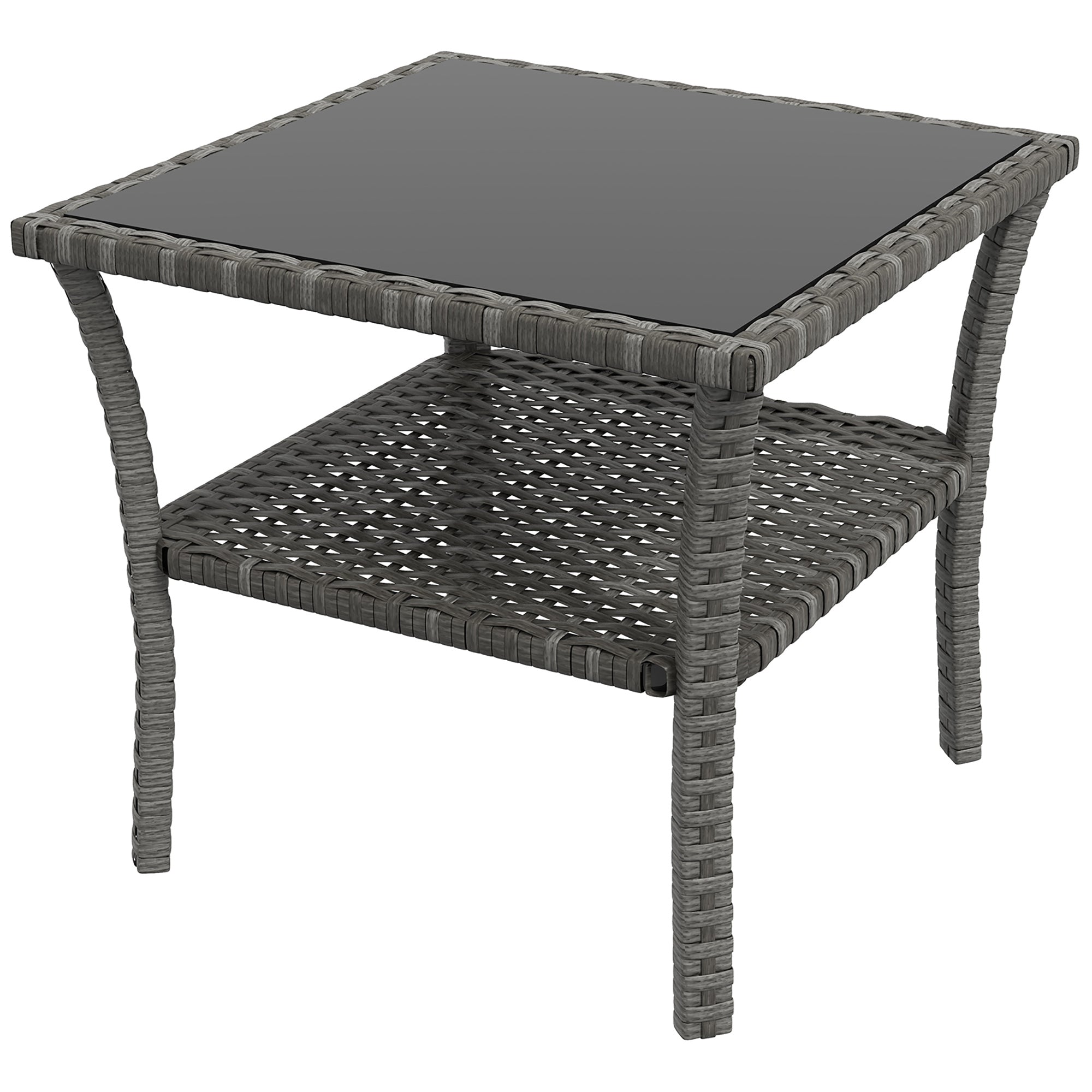 Outsunny 20" Patio Wicker Coffee Table, Outdoor PE Rattan Two-tier Side Table with Glass Top, for Patio, Garden, Balcony, Mixed Grey