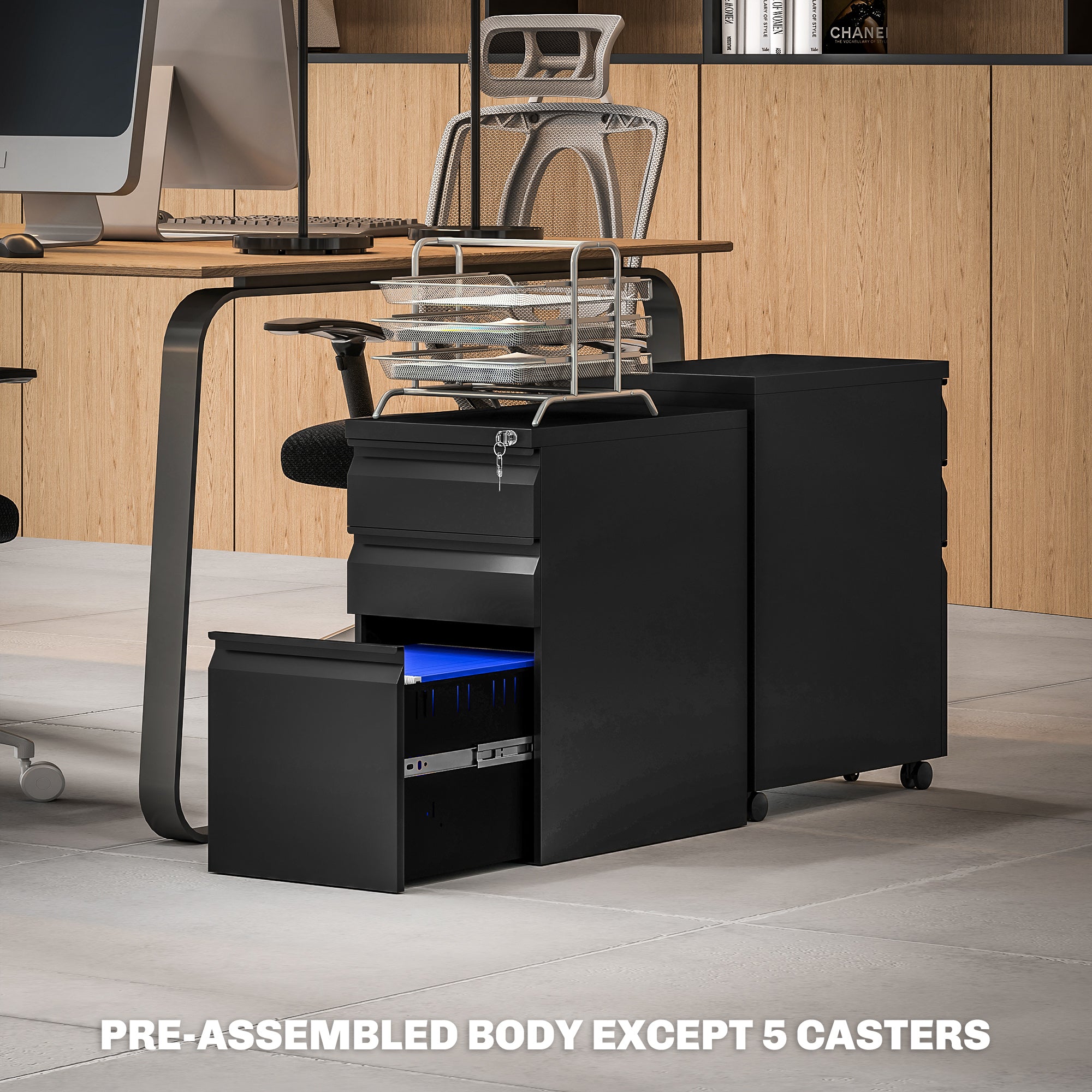 Vinsetto 3 Drawer Vertical File Cabinet with Lock, Steel Filing Cabinet with Wheels and Hanging Bar for A4 Legal and Letter Size Files, Printer Stand with Pre-Assembled Body, Black