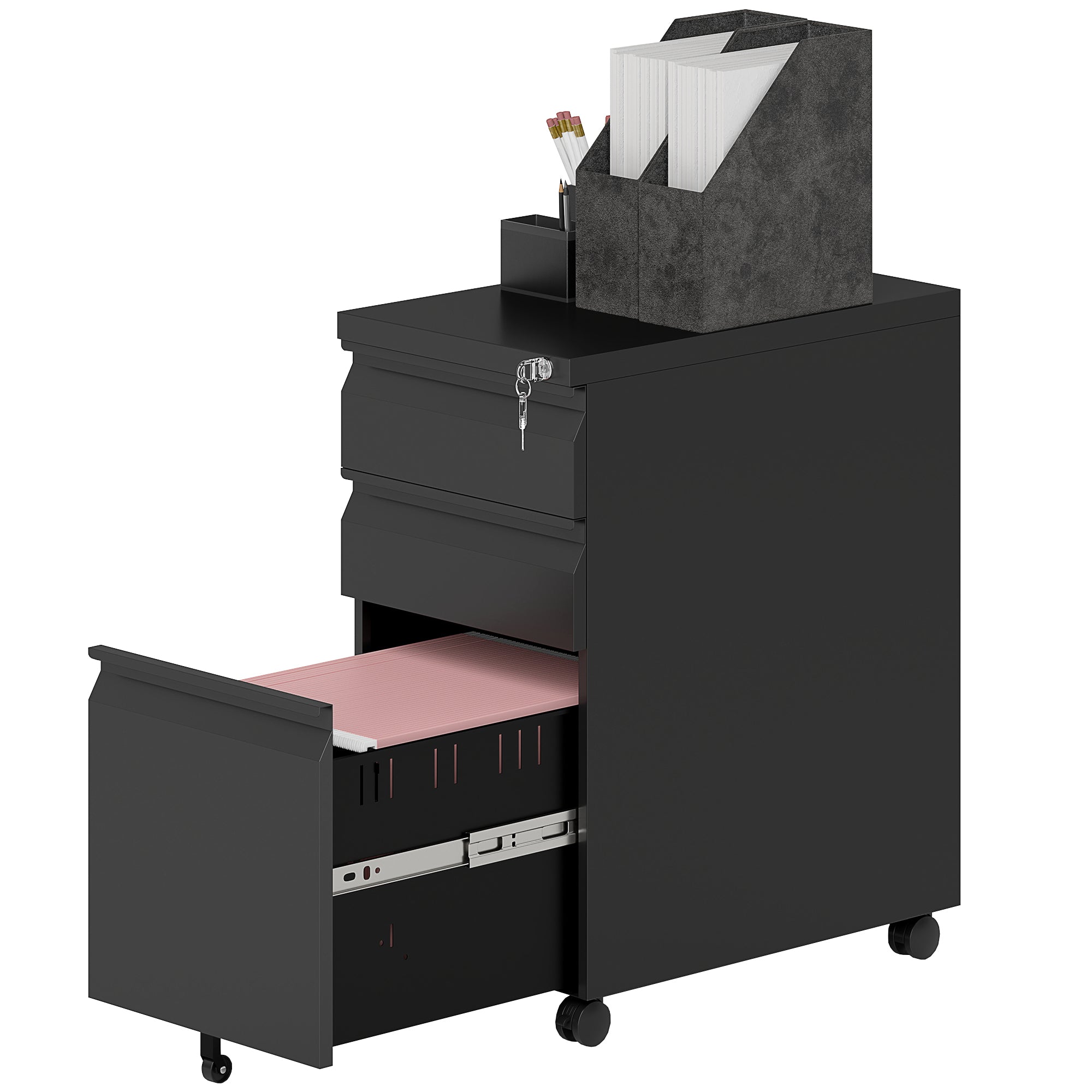 Vinsetto 3 Drawer Vertical File Cabinet with Lock, Steel Filing Cabinet with Wheels and Hanging Bar for A4 Legal and Letter Size Files, Printer Stand with Pre-Assembled Body, Black