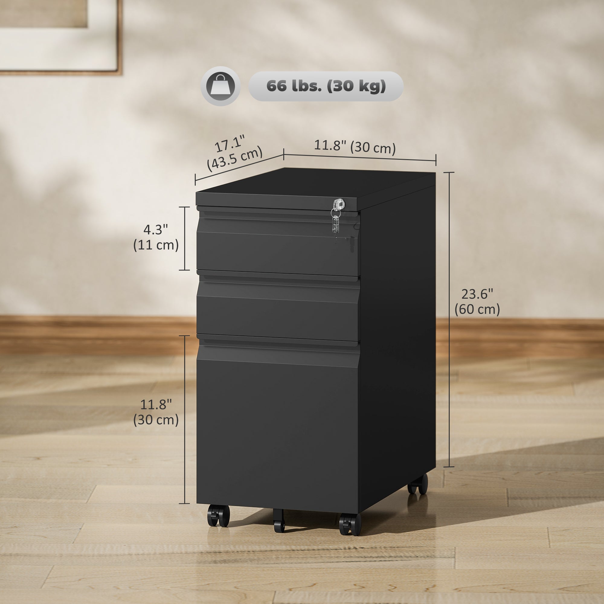 Vinsetto 3 Drawer Vertical File Cabinet with Lock, Steel Filing Cabinet with Wheels and Hanging Bar for A4 Legal and Letter Size Files, Printer Stand with Pre-Assembled Body, Black