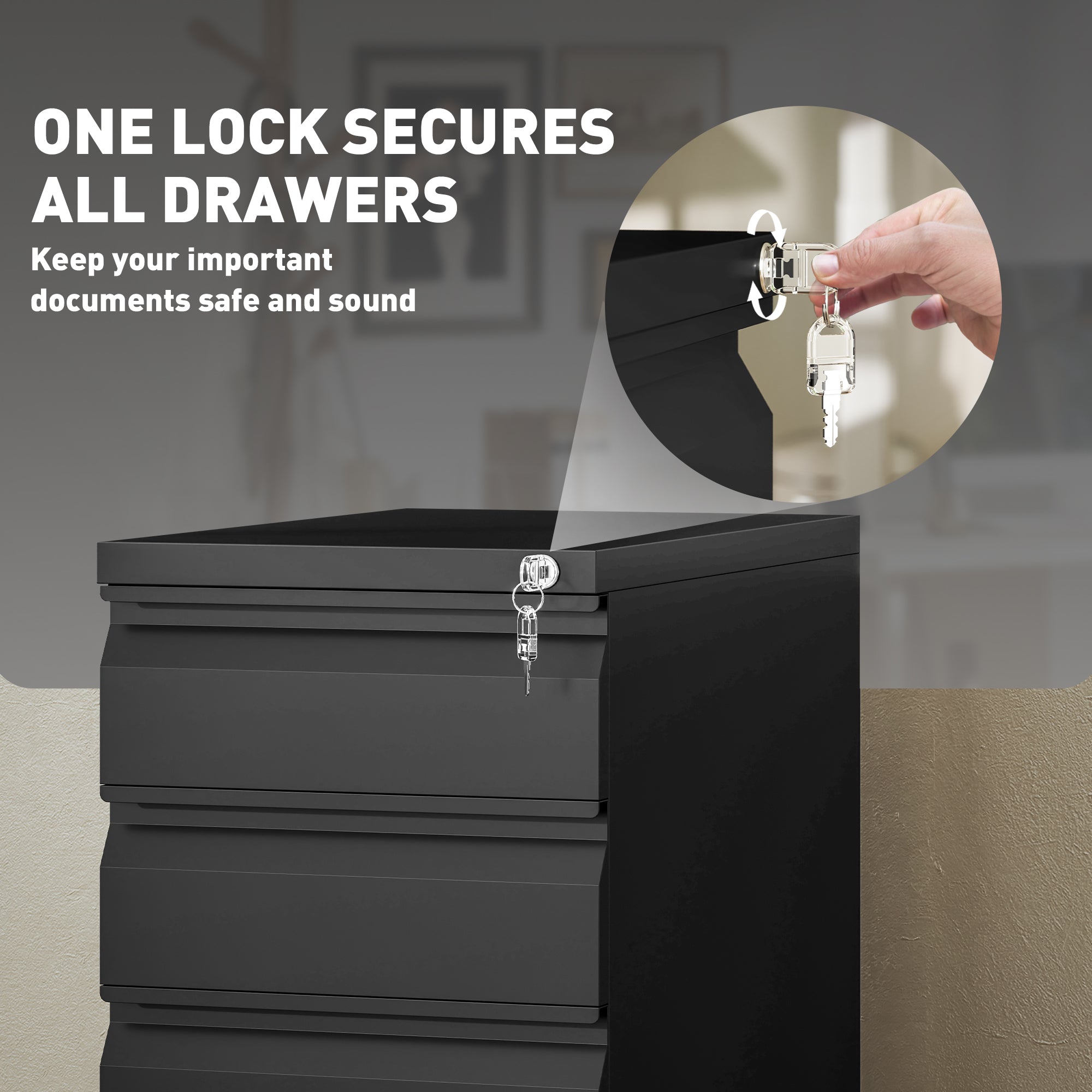 Vinsetto 3 Drawer Vertical File Cabinet with Lock, Steel Filing Cabinet with Wheels and Hanging Bar for A4 Legal and Letter Size Files, Printer Stand with Pre-Assembled Body, Black