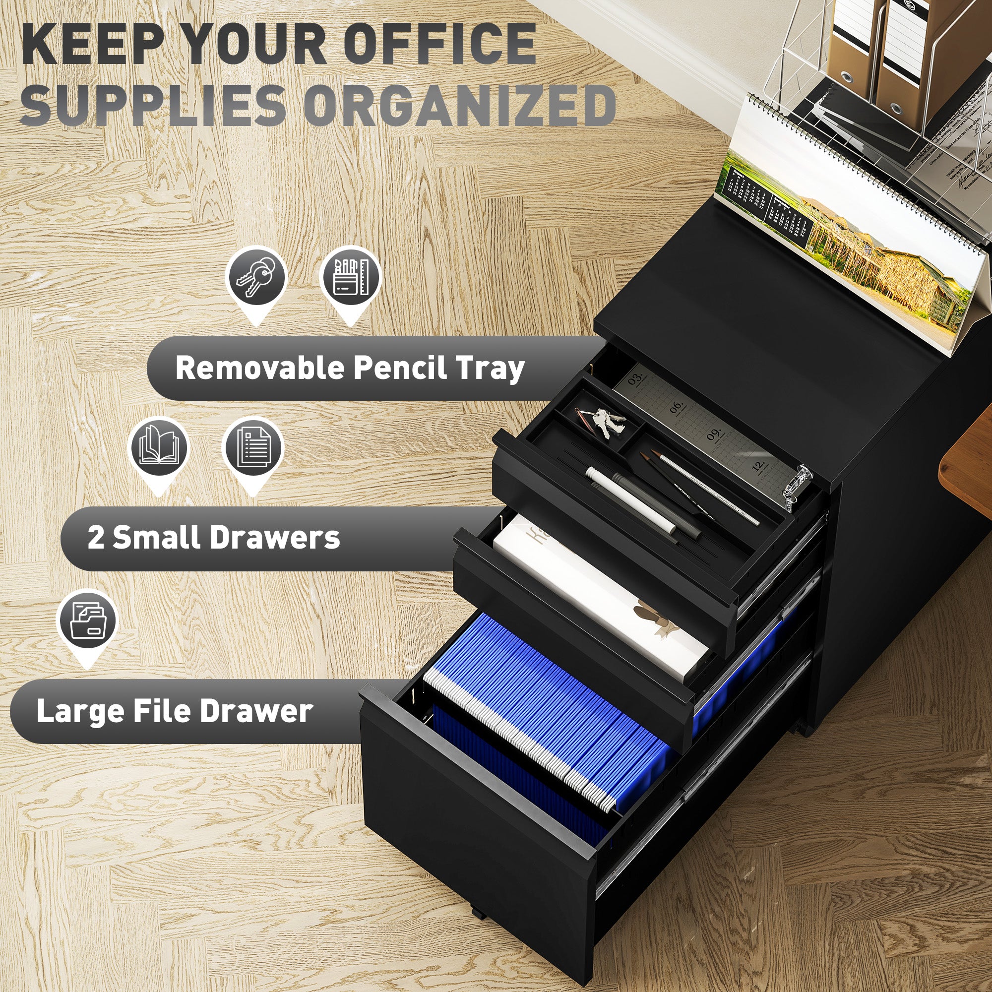 Vinsetto 3 Drawer Vertical File Cabinet with Lock, Steel Filing Cabinet with Wheels and Hanging Bar for A4 Legal and Letter Size Files, Printer Stand with Pre-Assembled Body, Black