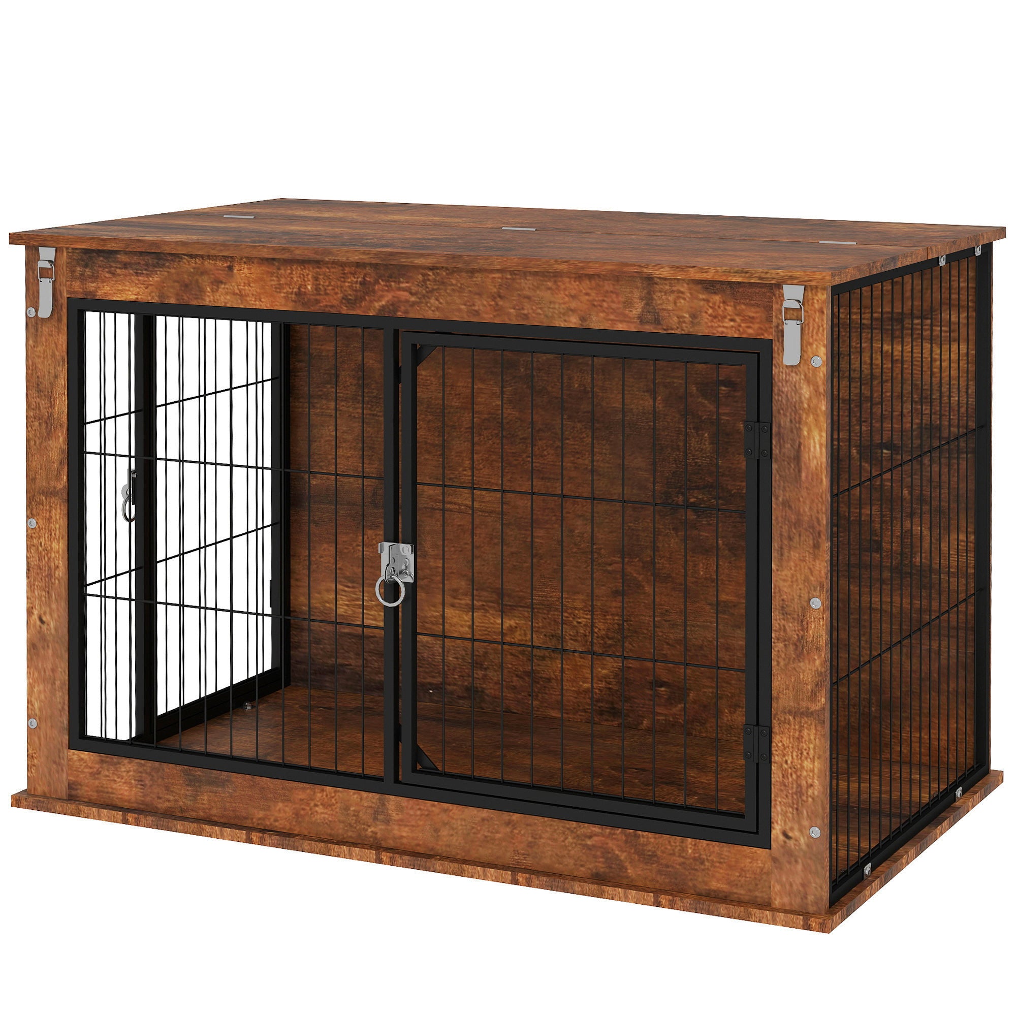 PawHut Dog Crate Furniture, 39" Dog Kennel Furniture with Flip-up Top Opening, 2 Doors, Indoor Dog Cage End Table for Large Dogs, Rustic Brown