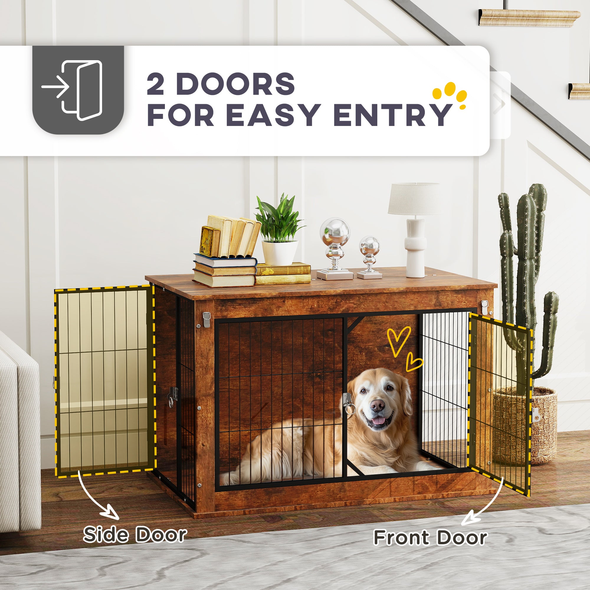 PawHut Dog Crate Furniture, 39" Dog Kennel Furniture with Flip-up Top Opening, 2 Doors, Indoor Dog Cage End Table for Large Dogs, Rustic Brown