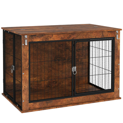 PawHut Dog Crate Furniture, 39" Dog Kennel Furniture with Flip-up Top Opening, 2 Doors, Indoor Dog Cage End Table for Large Dogs, Rustic Brown