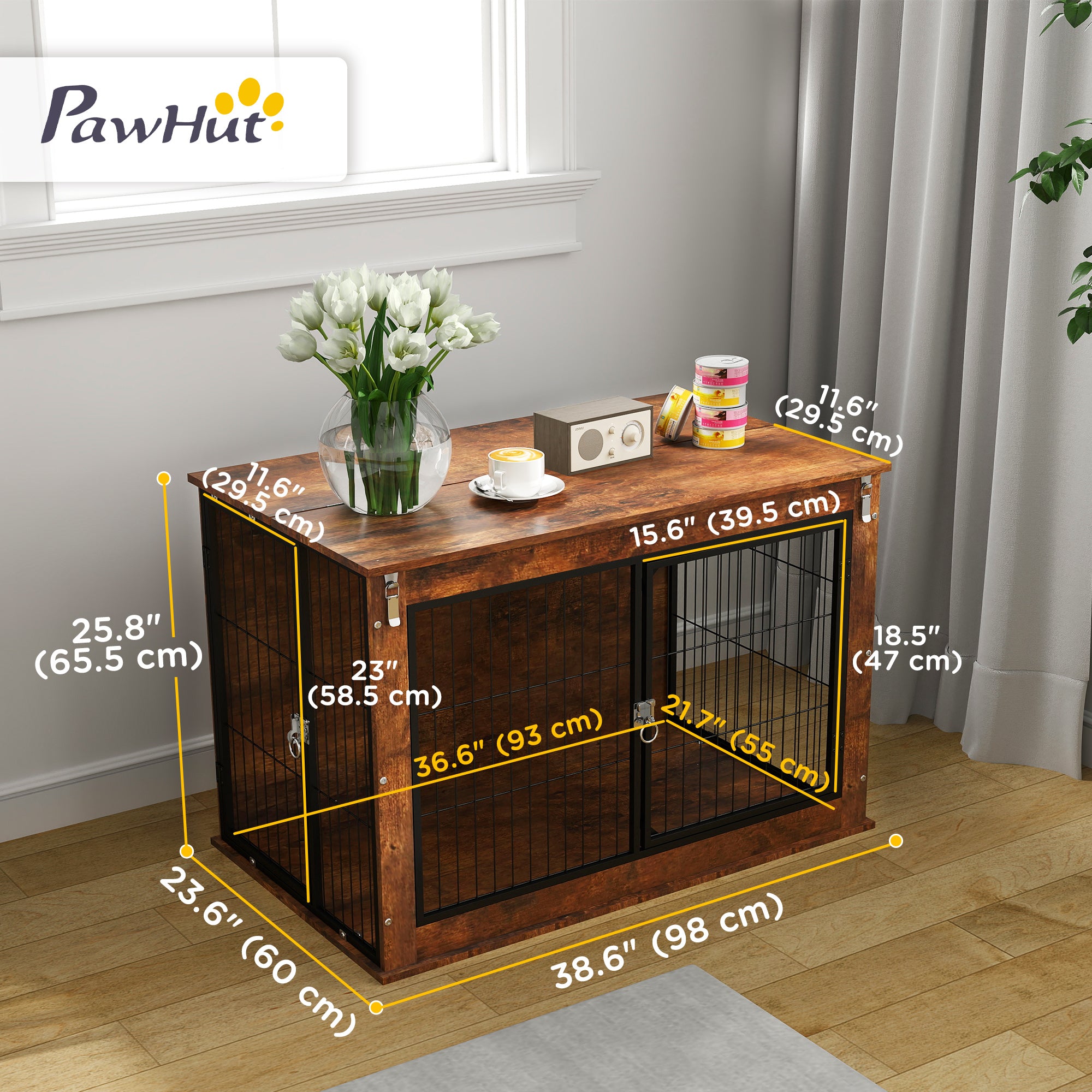 PawHut Dog Crate Furniture, 39" Dog Kennel Furniture with Flip-up Top Opening, 2 Doors, Indoor Dog Cage End Table for Large Dogs, Rustic Brown