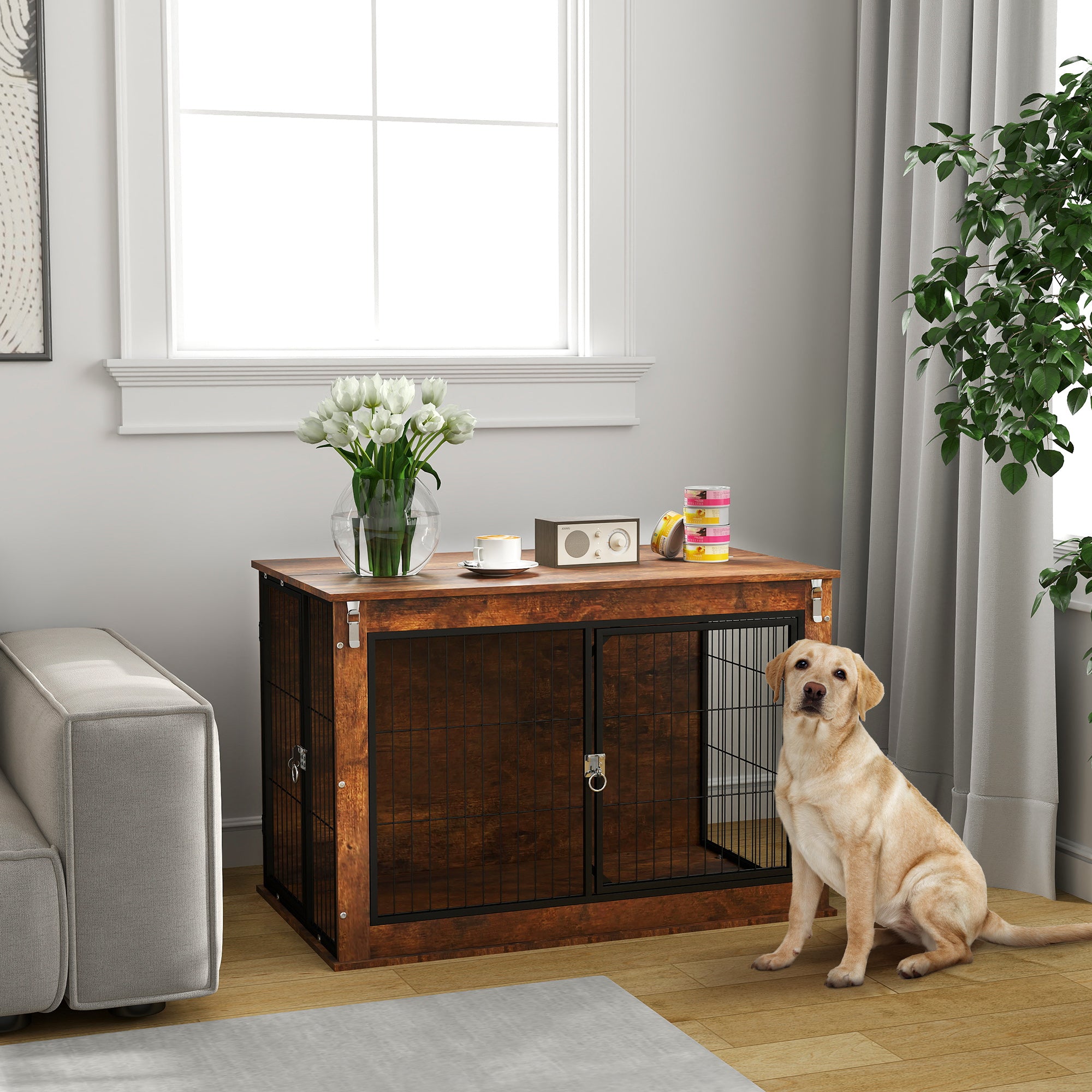 PawHut Dog Crate Furniture, 39" Dog Kennel Furniture with Flip-up Top Opening, 2 Doors, Indoor Dog Cage End Table for Large Dogs, Rustic Brown