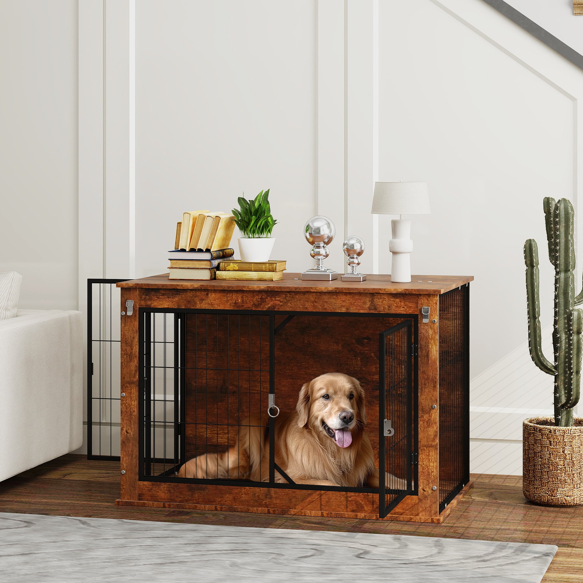 PawHut Dog Crate Furniture, 39" Dog Kennel Furniture with Flip-up Top Opening, 2 Doors, Indoor Dog Cage End Table for Large Dogs, Rustic Brown