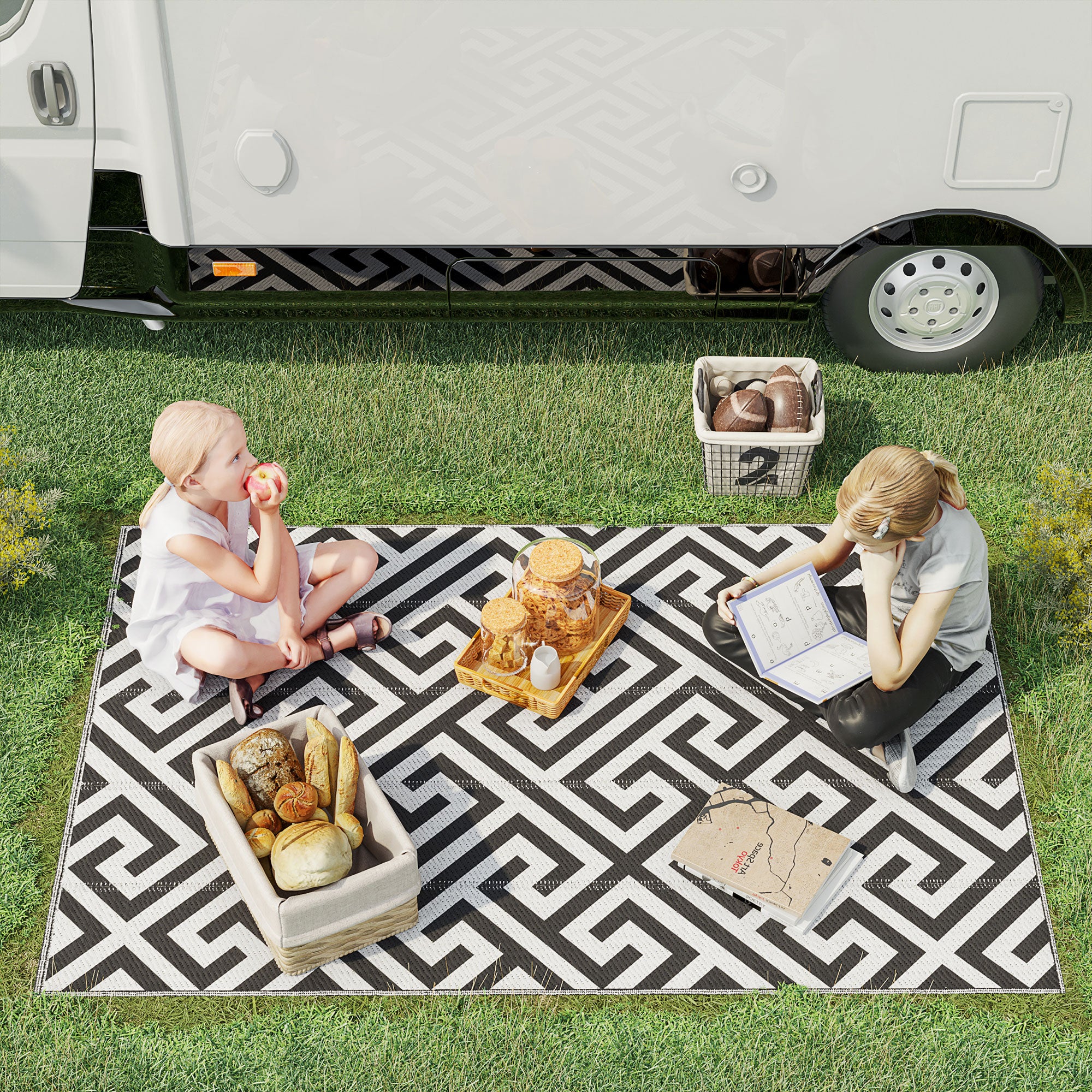 Outsunny Reversible Outdoor RV Rug, 4' x 6' Patio Floor Mat, Plastic Straw Rug for Backyard, Deck, Picnic, Beach, Camping, Black and White