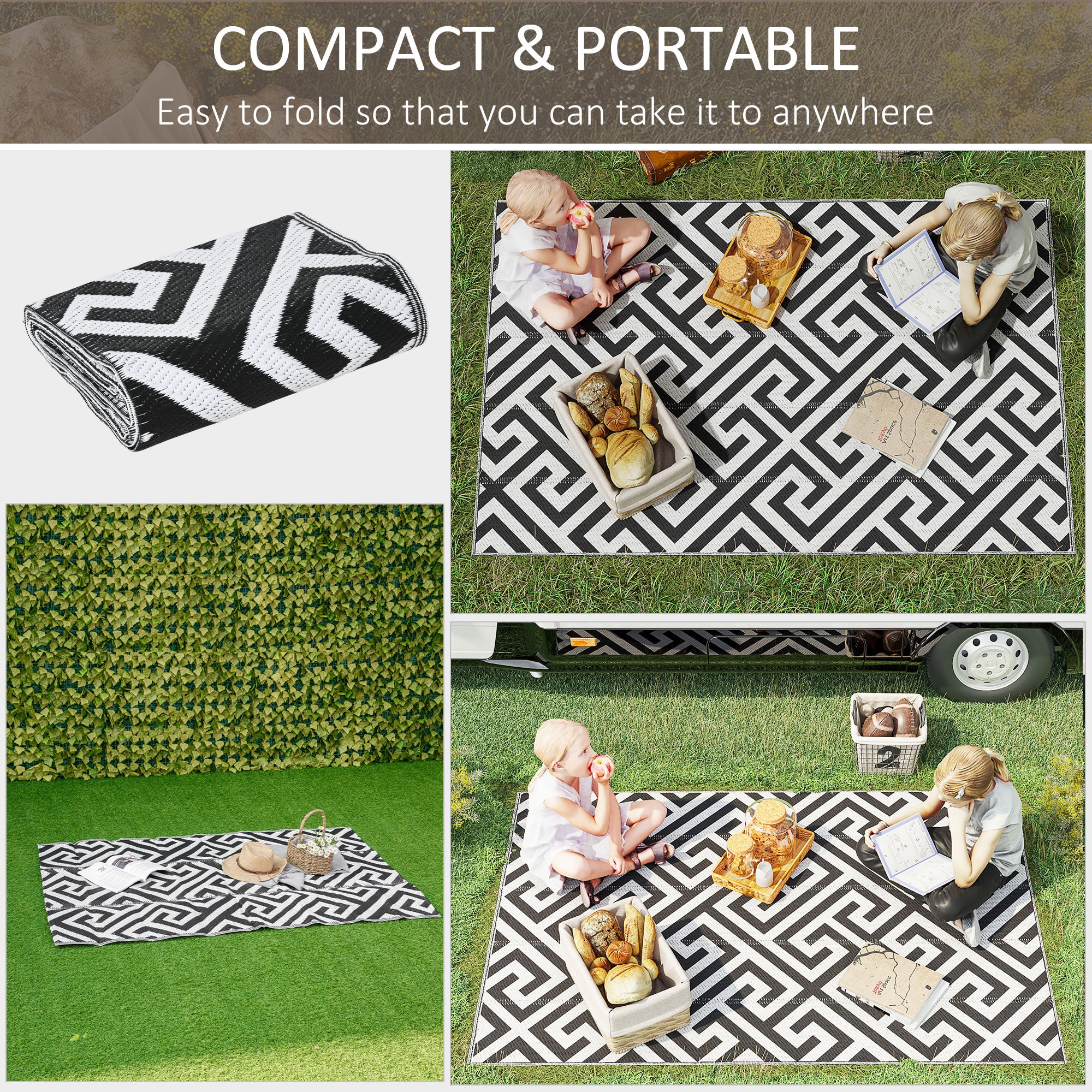 Outsunny Reversible Outdoor RV Rug, 4' x 6' Patio Floor Mat, Plastic Straw Rug for Backyard, Deck, Picnic, Beach, Camping, Black and White