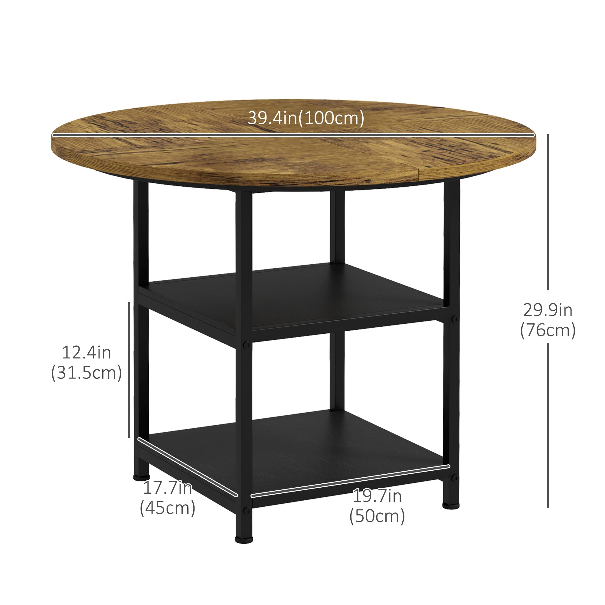 HOMCOM Round Dining Table for 4-6 People, 39.4 Inch Industrial Kitchen Table with Storage Shelves for Dining Room, Rustic Brown