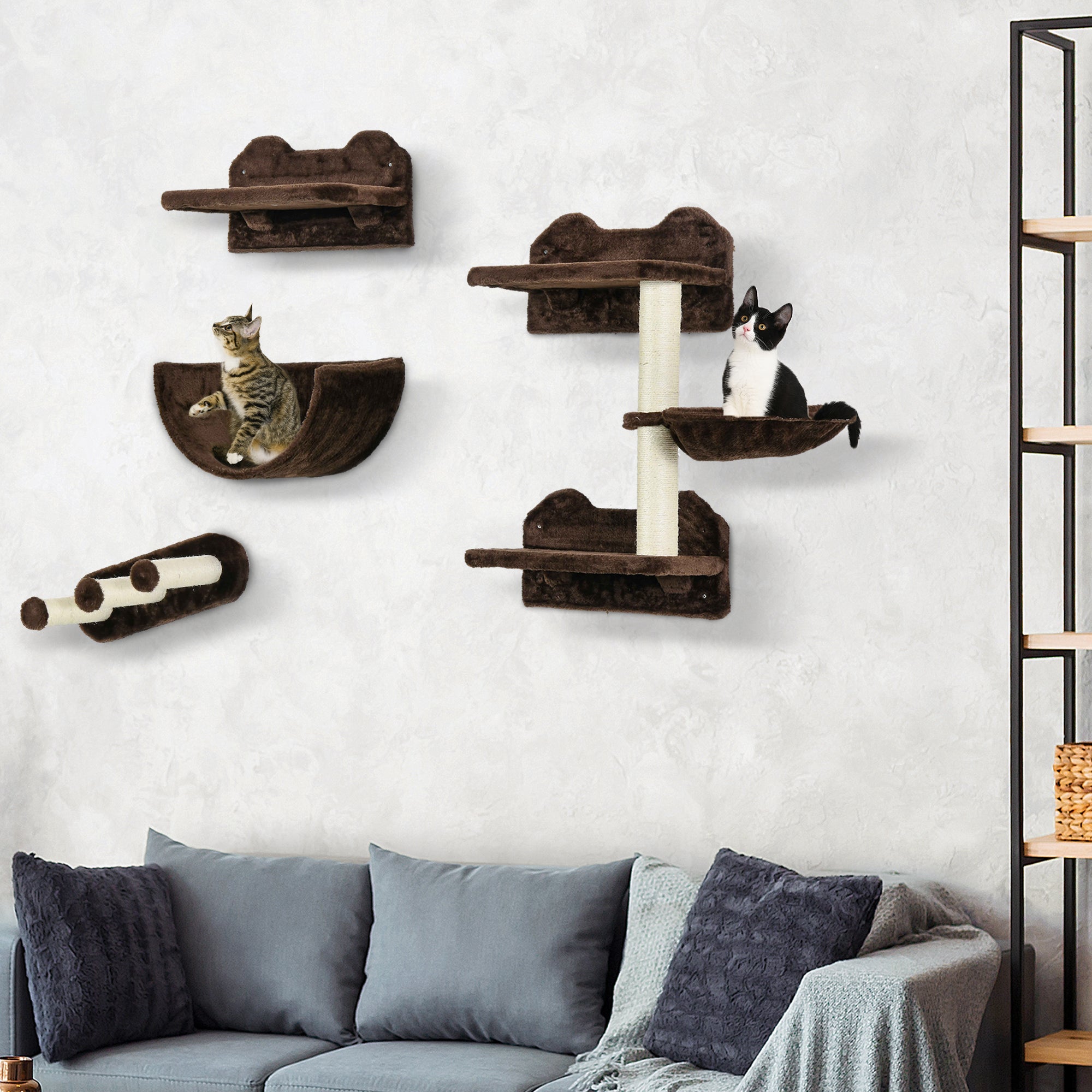 PawHut 4PCs Wall Mounted Cat Tree Cat Wall Shelves Furniture Climbing Shelf Set Kitten Activity Centre w/ Hammock, Scratching Post - Brown