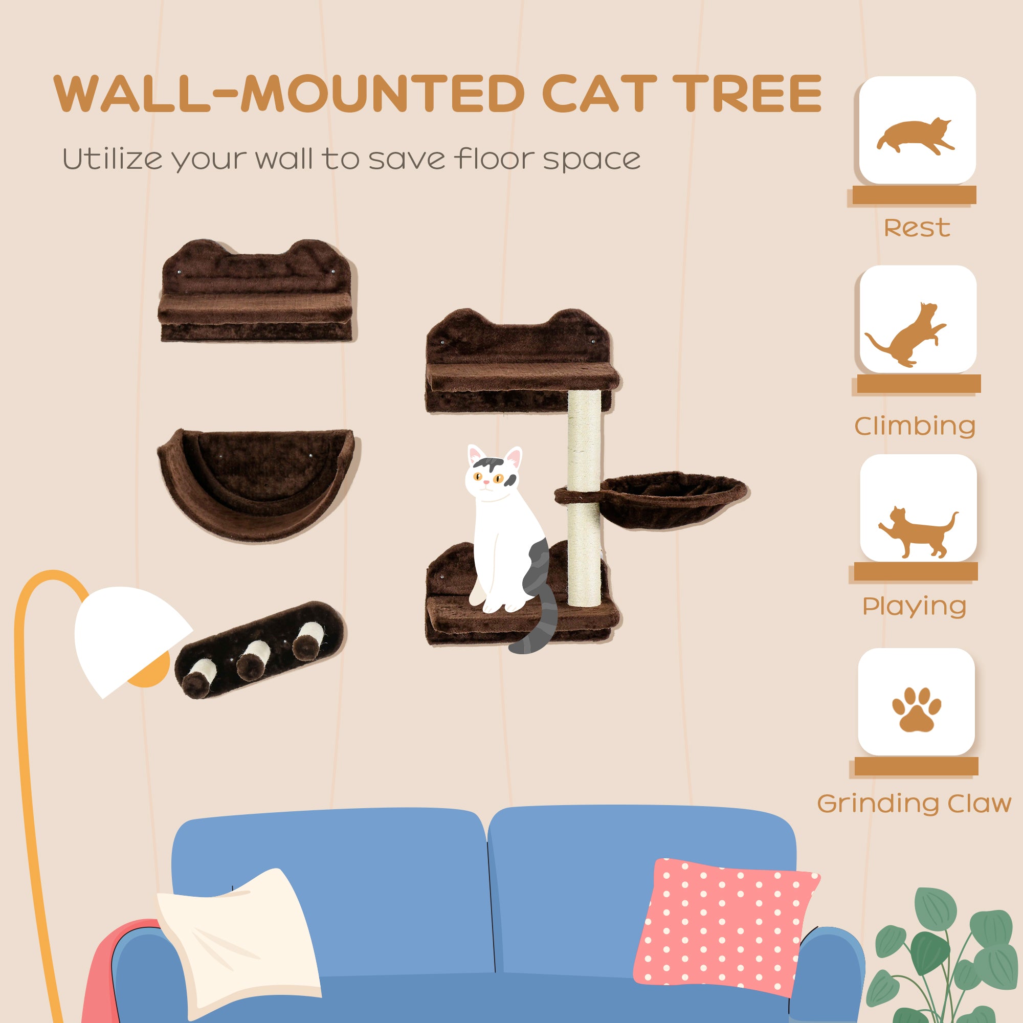 PawHut 4PCs Wall Mounted Cat Tree Cat Wall Shelves Furniture Climbing Shelf Set Kitten Activity Centre w/ Hammock, Scratching Post - Brown