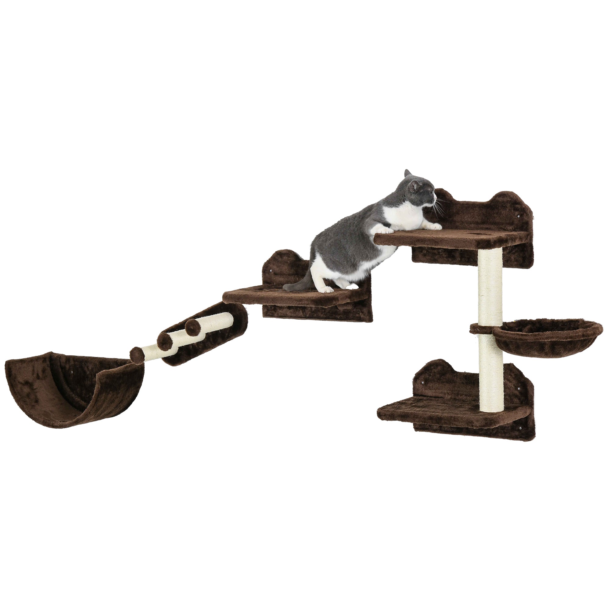 PawHut 4PCs Wall Mounted Cat Tree Cat Wall Shelves Furniture Climbing Shelf Set Kitten Activity Centre w/ Hammock, Scratching Post - Brown