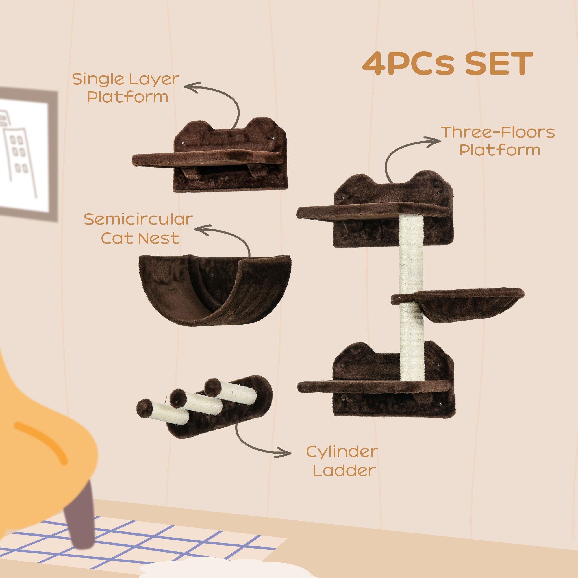 PawHut 4PCs Wall Mounted Cat Tree Cat Wall Shelves Furniture Climbing Shelf Set Kitten Activity Centre w/ Hammock, Scratching Post - Brown
