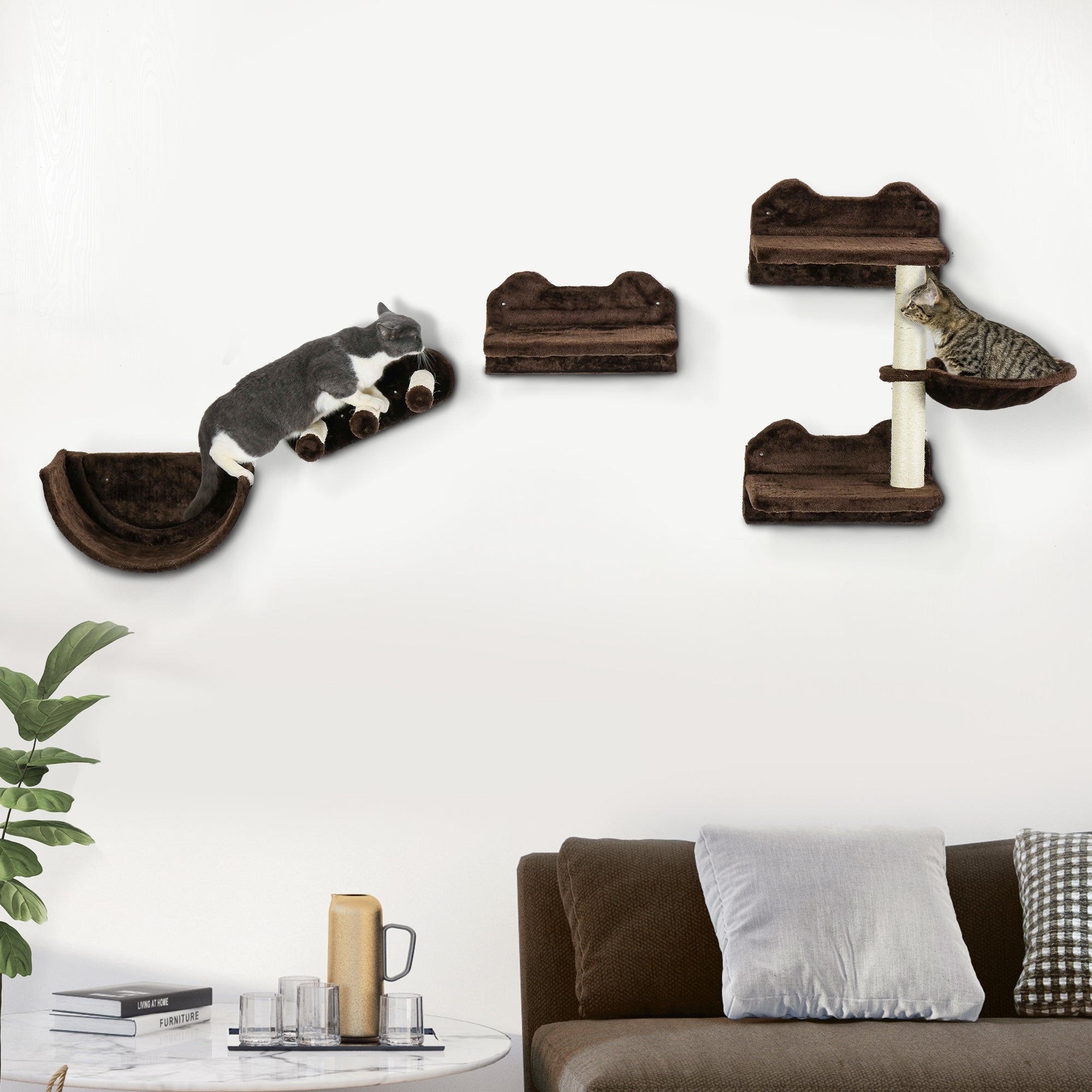 PawHut 4PCs Wall Mounted Cat Tree Cat Wall Shelves Furniture Climbing Shelf Set Kitten Activity Centre w/ Hammock, Scratching Post - Brown