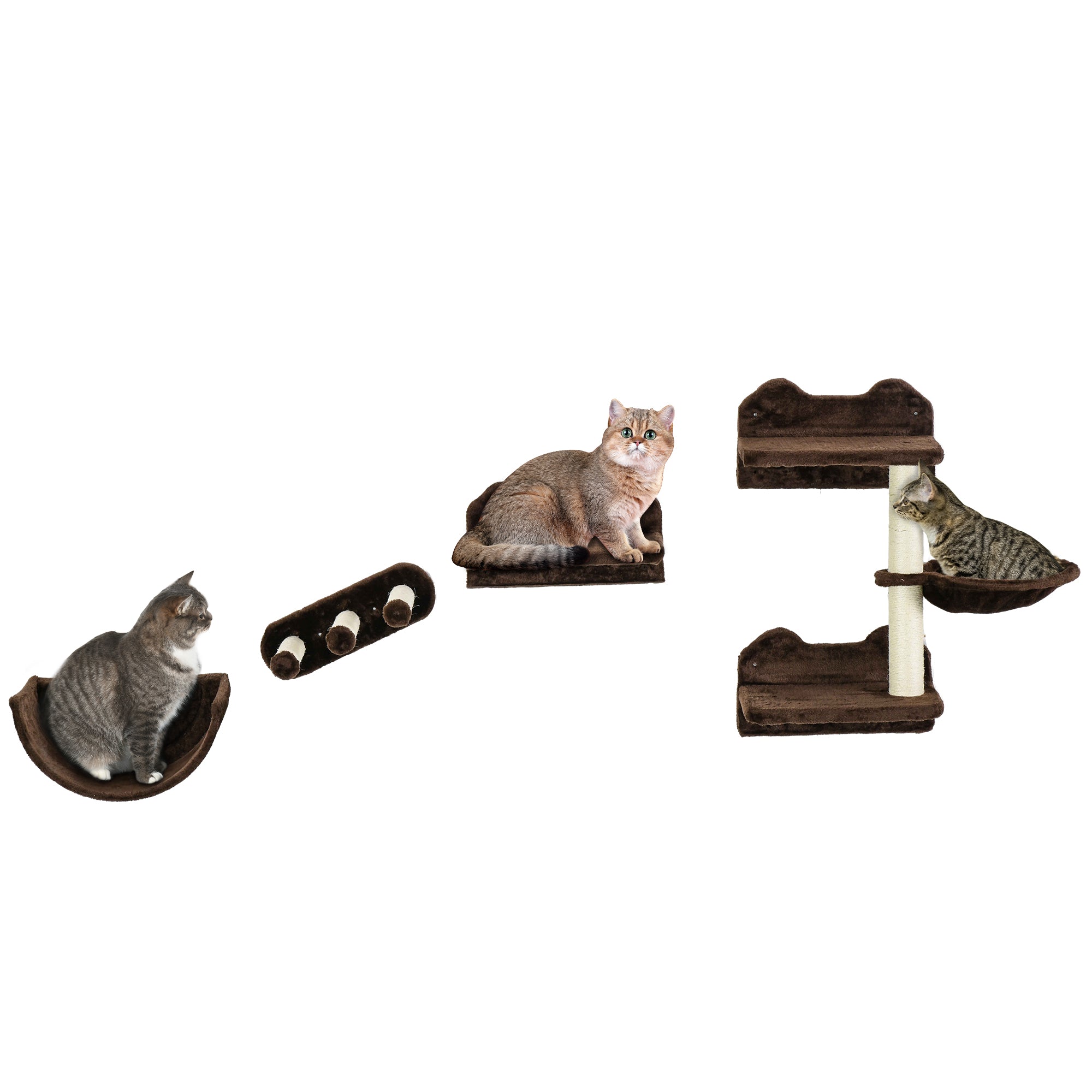 PawHut 4PCs Wall Mounted Cat Tree Cat Wall Shelves Furniture Climbing Shelf Set Kitten Activity Centre w/ Hammock, Scratching Post - Brown
