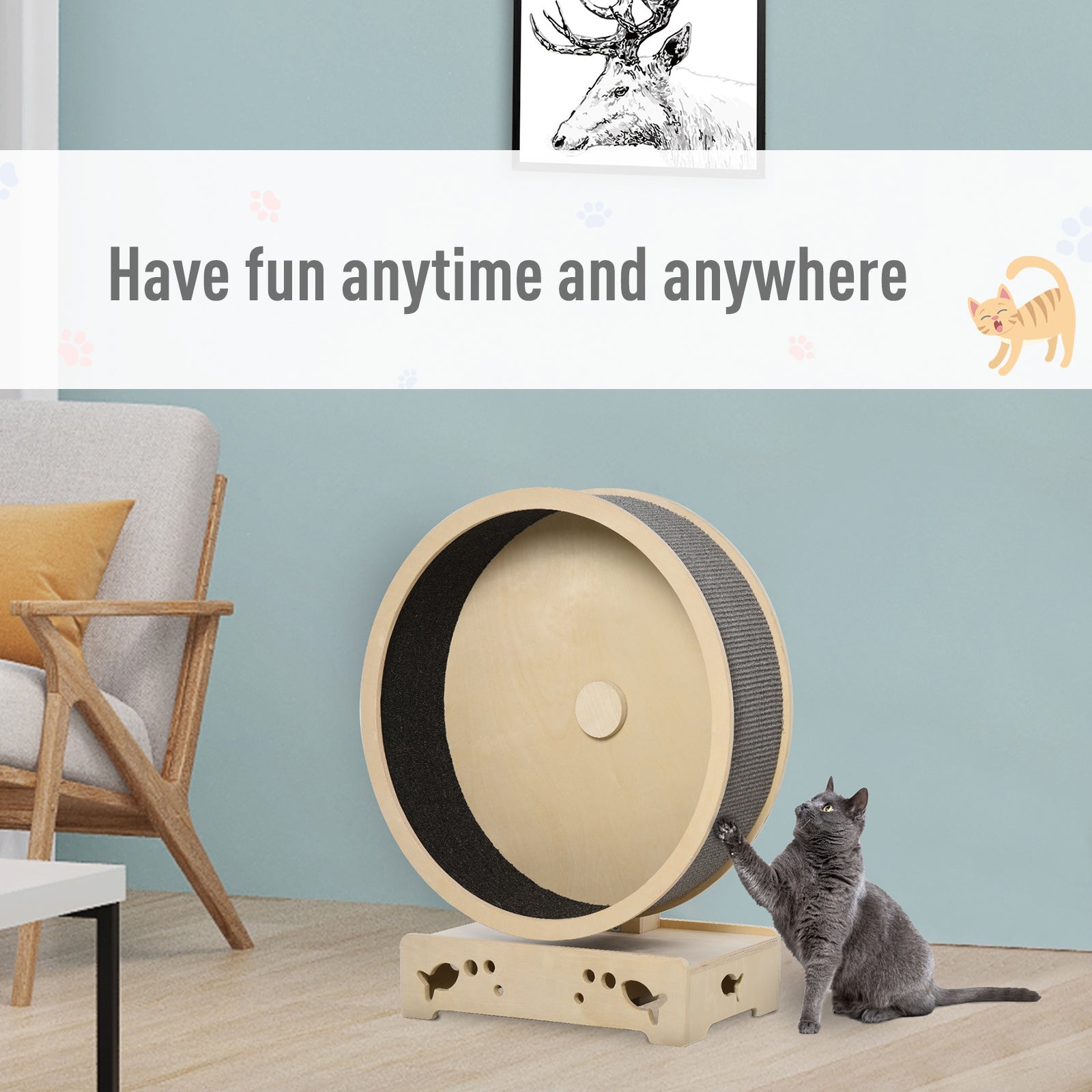 PawHut Round Hamster-Wheel Style Cat Exercise Wheel with Carpet Runway, Wooden Sisal-Covered with Unique Design Grey