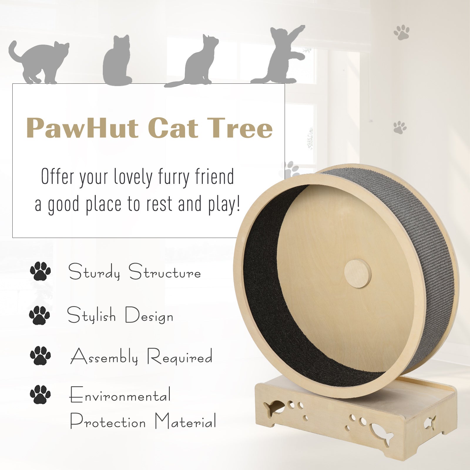 PawHut Round Hamster-Wheel Style Cat Exercise Wheel with Carpet Runway, Wooden Sisal-Covered with Unique Design Grey