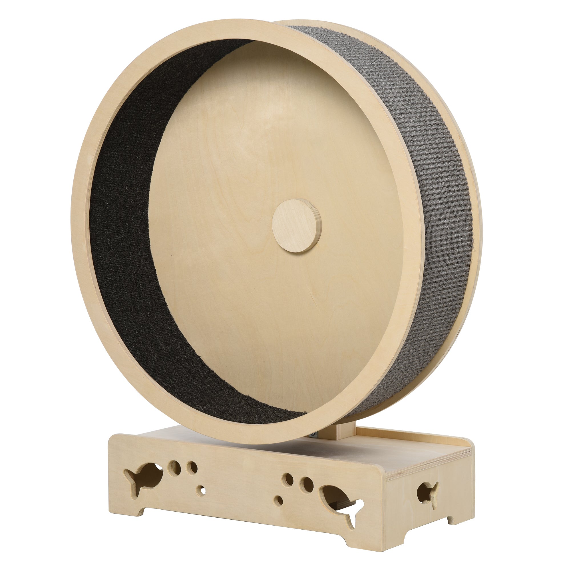 PawHut Round Hamster-Wheel Style Cat Exercise Wheel with Carpet Runway, Wooden Sisal-Covered with Unique Design Grey