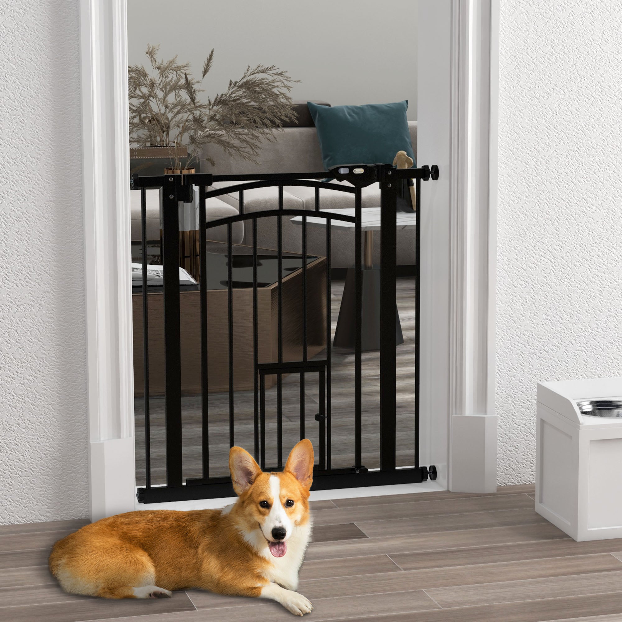 PawHut 30"H Tall Dog Gate, Pet Gate with Cat Door, Auto-Close Pressure-Mounted Steel Safety Gate Barrier, Double Locking for Doorways Hallways Stairs, Fits 29"-31.5"W, Black