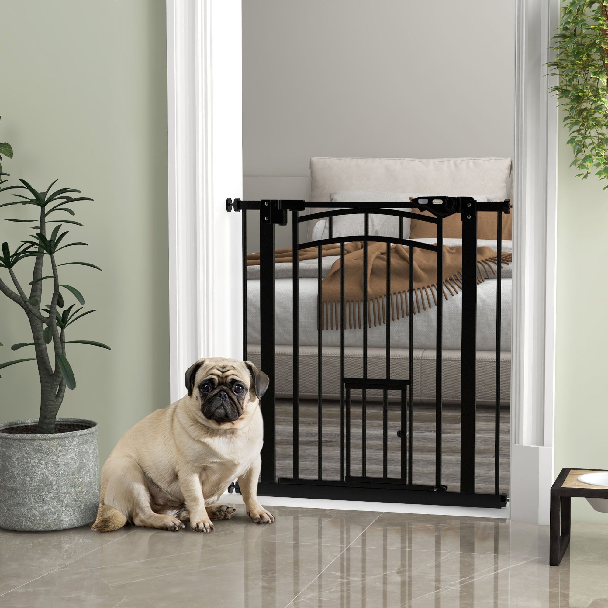 PawHut 30"H Tall Dog Gate, Pet Gate with Cat Door, Auto-Close Pressure-Mounted Steel Safety Gate Barrier, Double Locking for Doorways Hallways Stairs, Fits 29"-31.5"W, Black