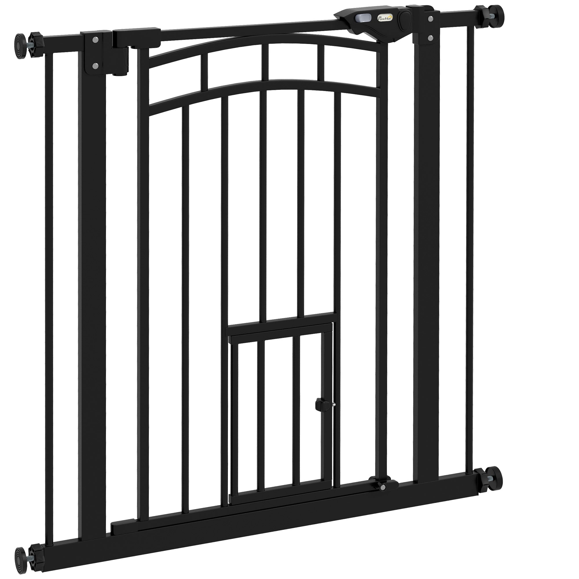 PawHut 30"H Tall Dog Gate, Pet Gate with Cat Door, Auto-Close Pressure-Mounted Steel Safety Gate Barrier, Double Locking for Doorways Hallways Stairs, Fits 29"-31.5"W, Black