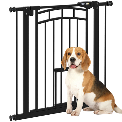 PawHut 30"H Tall Dog Gate, Pet Gate with Cat Door, Auto-Close Pressure-Mounted Steel Safety Gate Barrier, Double Locking for Doorways Hallways Stairs, Fits 29"-31.5"W, Black