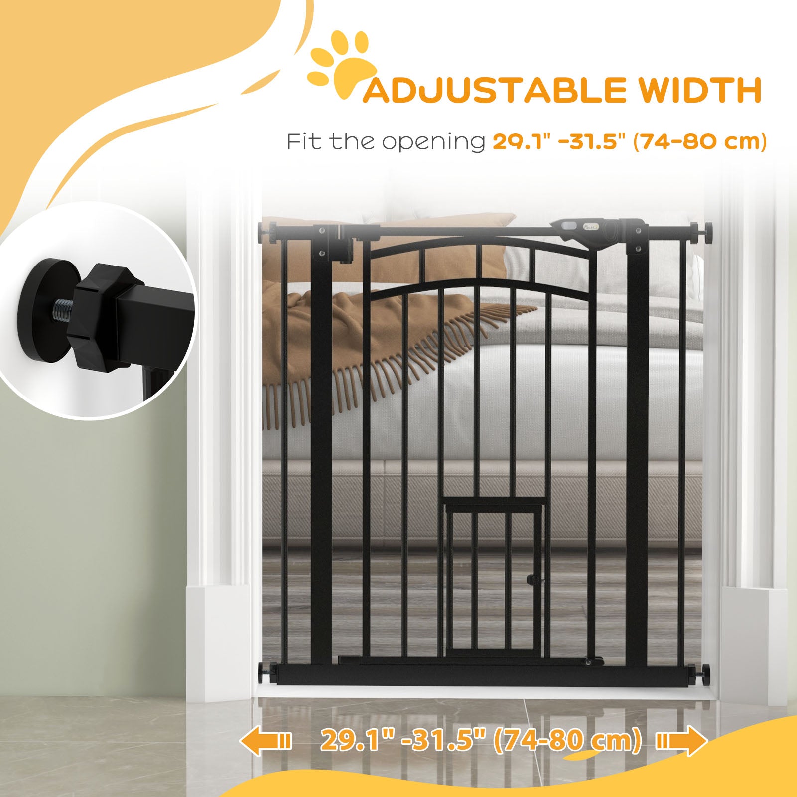 PawHut 30"H Tall Dog Gate, Pet Gate with Cat Door, Auto-Close Pressure-Mounted Steel Safety Gate Barrier, Double Locking for Doorways Hallways Stairs, Fits 29"-31.5"W, Black
