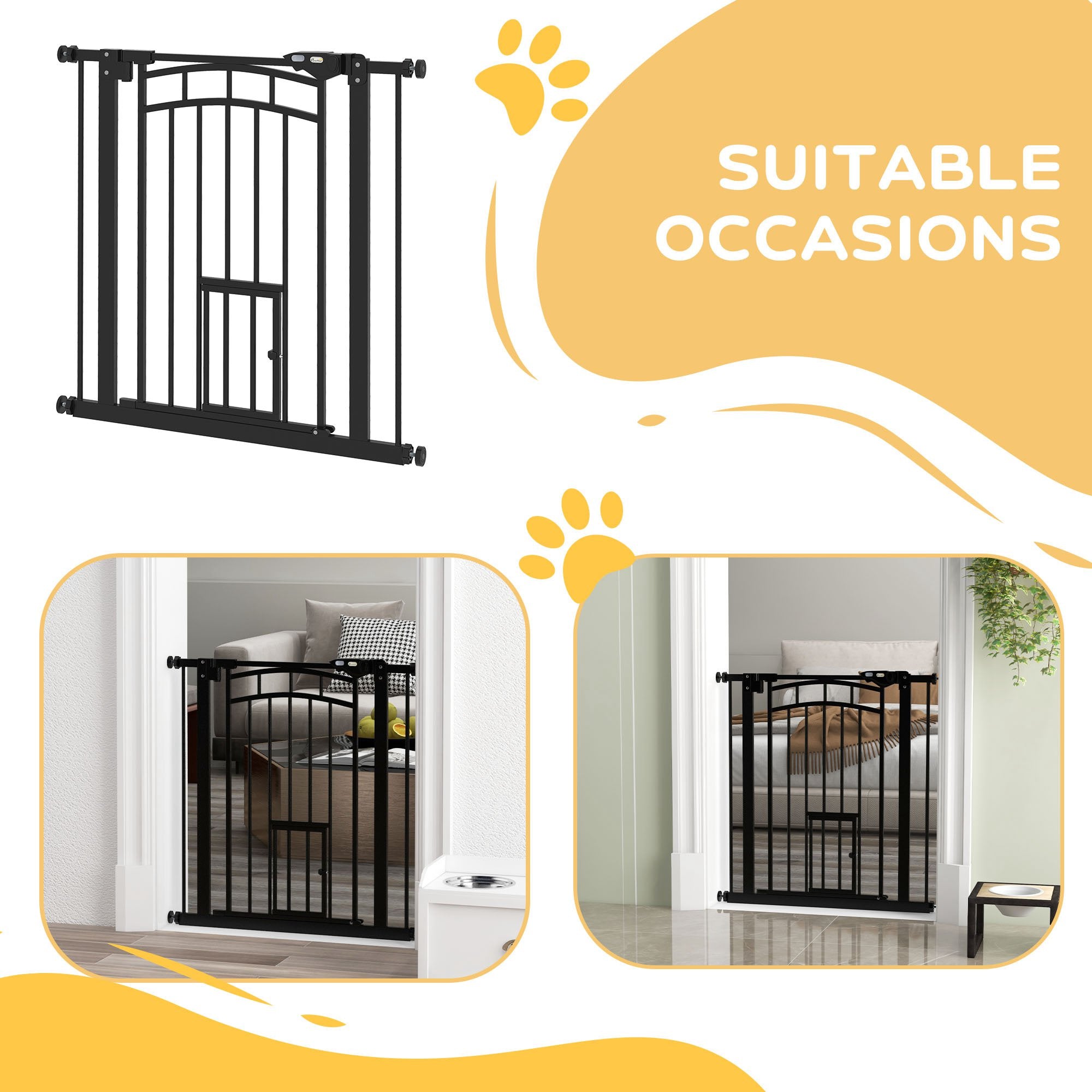 PawHut 30"H Tall Dog Gate, Pet Gate with Cat Door, Auto-Close Pressure-Mounted Steel Safety Gate Barrier, Double Locking for Doorways Hallways Stairs, Fits 29"-31.5"W, Black
