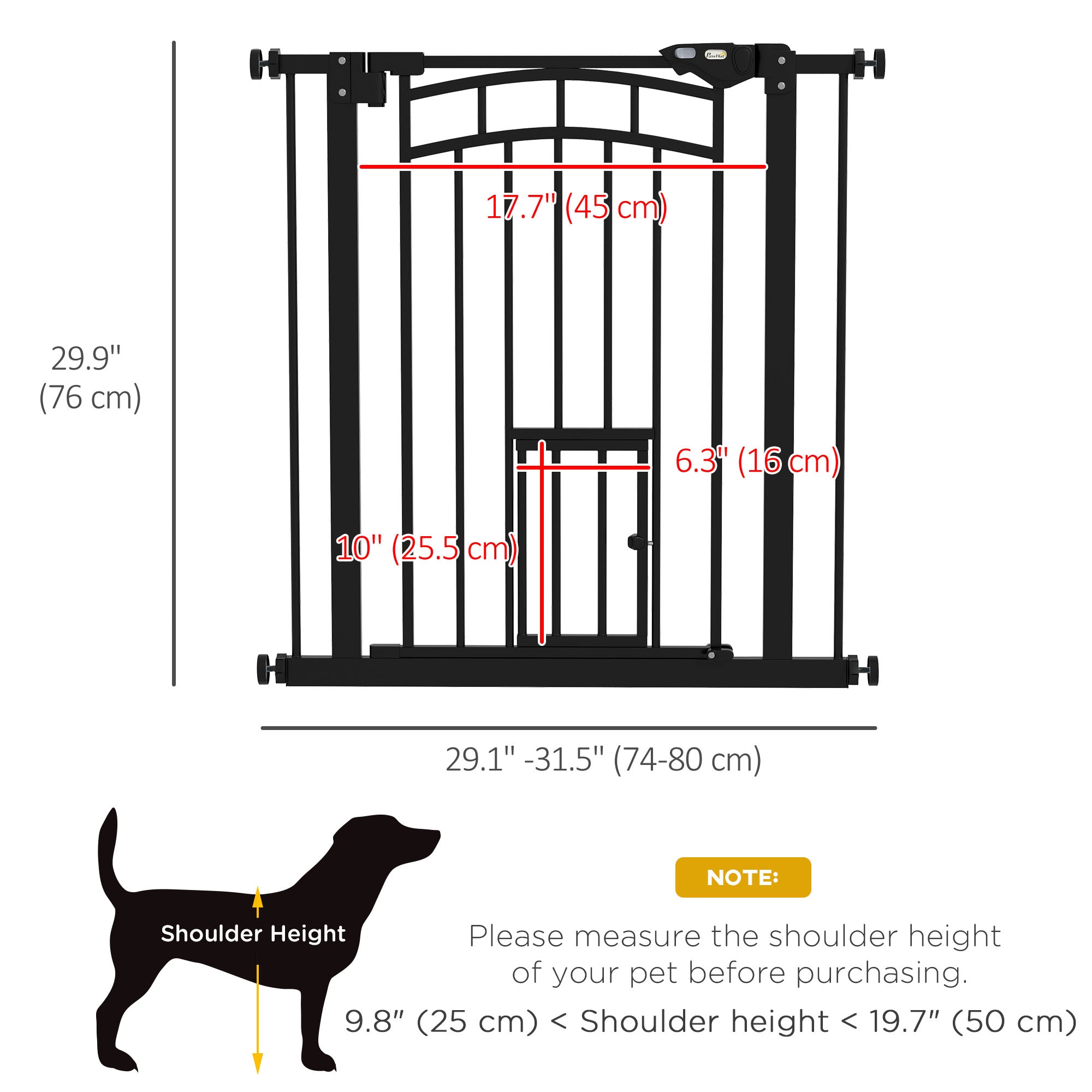 PawHut 30"H Tall Dog Gate, Pet Gate with Cat Door, Auto-Close Pressure-Mounted Steel Safety Gate Barrier, Double Locking for Doorways Hallways Stairs, Fits 29"-31.5"W, Black