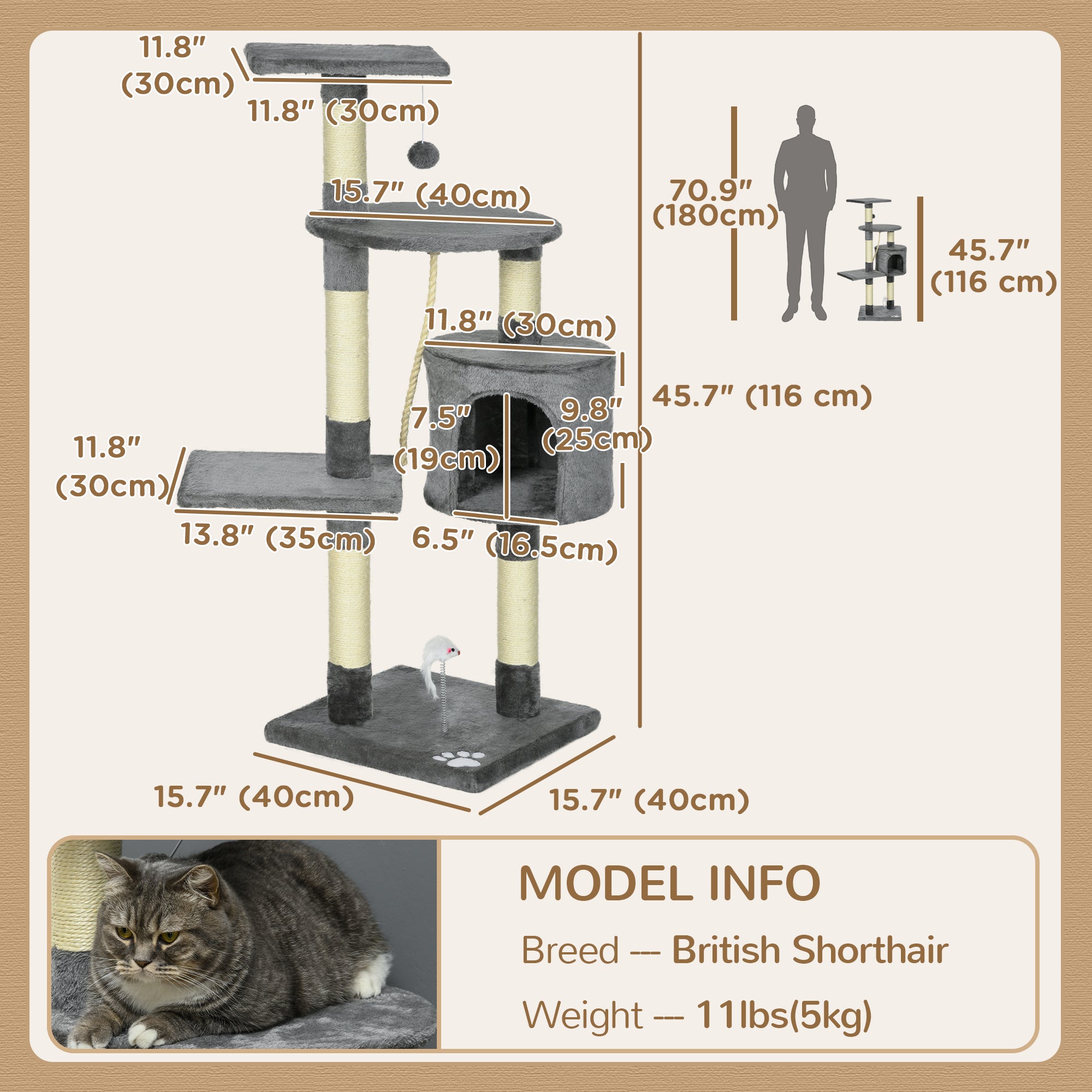 PawHut 46Inch Scratching Cat Tree, Multi Level Cat Tower for Large Cats Adult with Toys and Condo, Grey